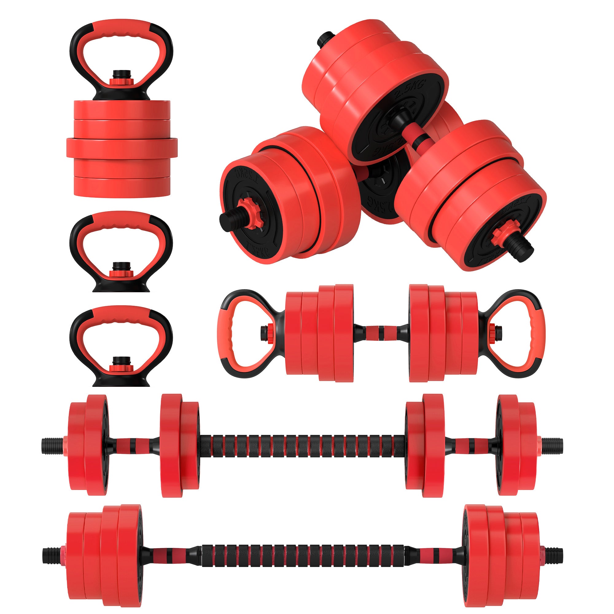 SPORTNOW 30kg Four-In-One Adjustable Weight Dumbbells Set, Barbell, Kettlebell, Push Up Stand - Red - North Peak Garden Furniture
