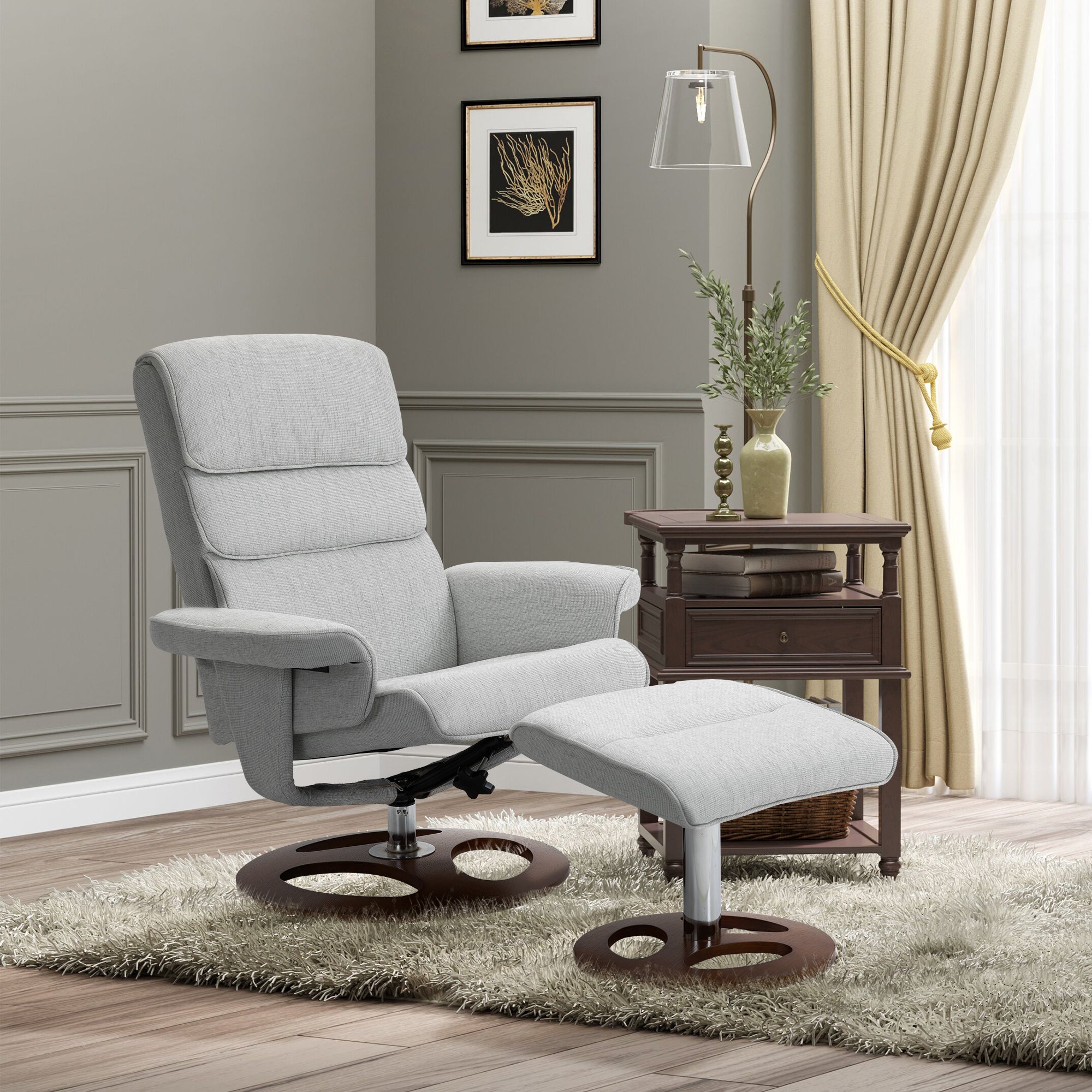 HOMCOM Recliner Chair Ottoman Set 360° Swivel Sofa Stool Modern Soft Thick Padding Wood Base Grey - North Peak Garden Furniture