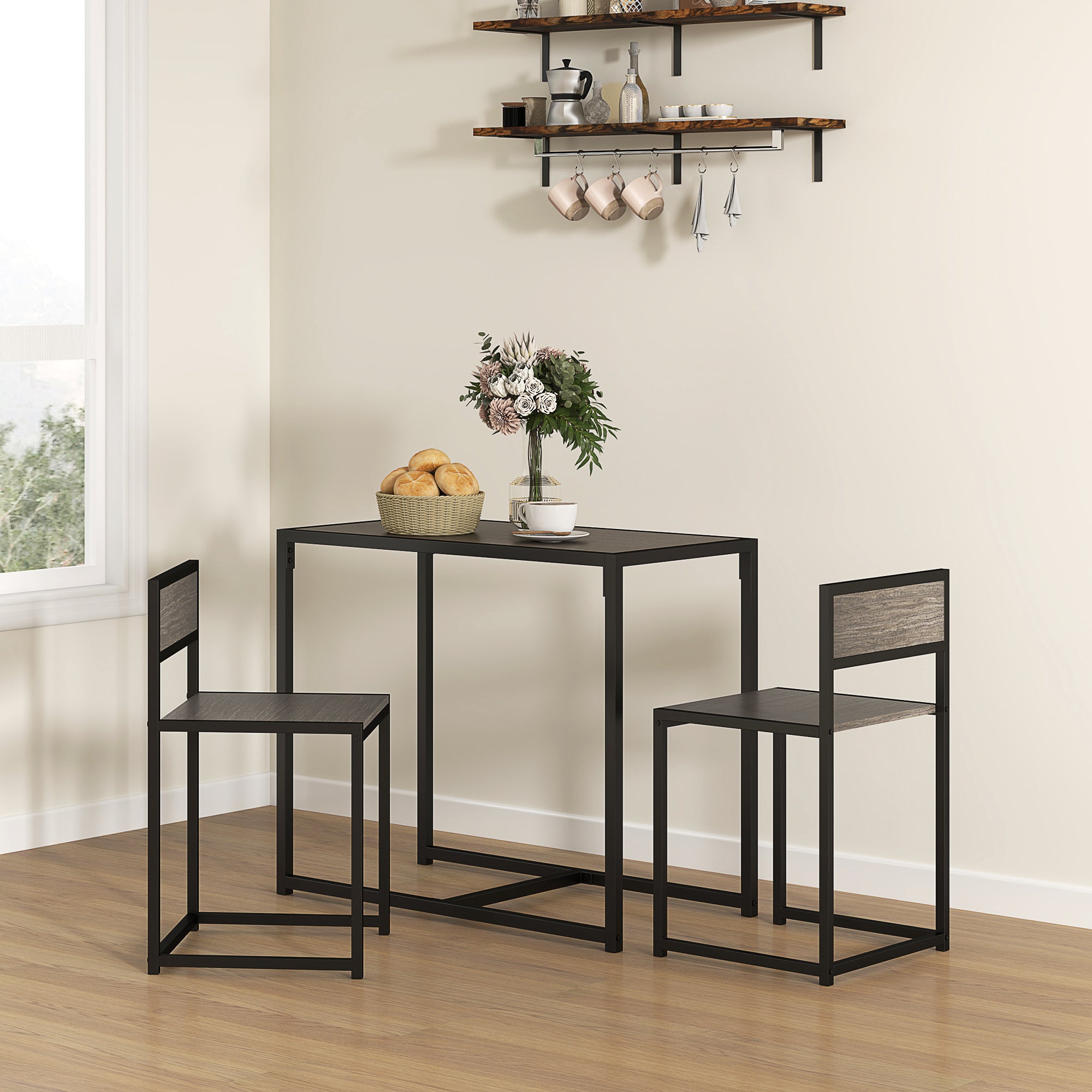 HOMCOM Dining Table and Chairs Set 2, Dining Room Sets, Rectangular Space Saving Table and 2 Chairs for Compact Kitchens, Steel Frame, Grey Wood-Effect - North Peak Garden Furniture