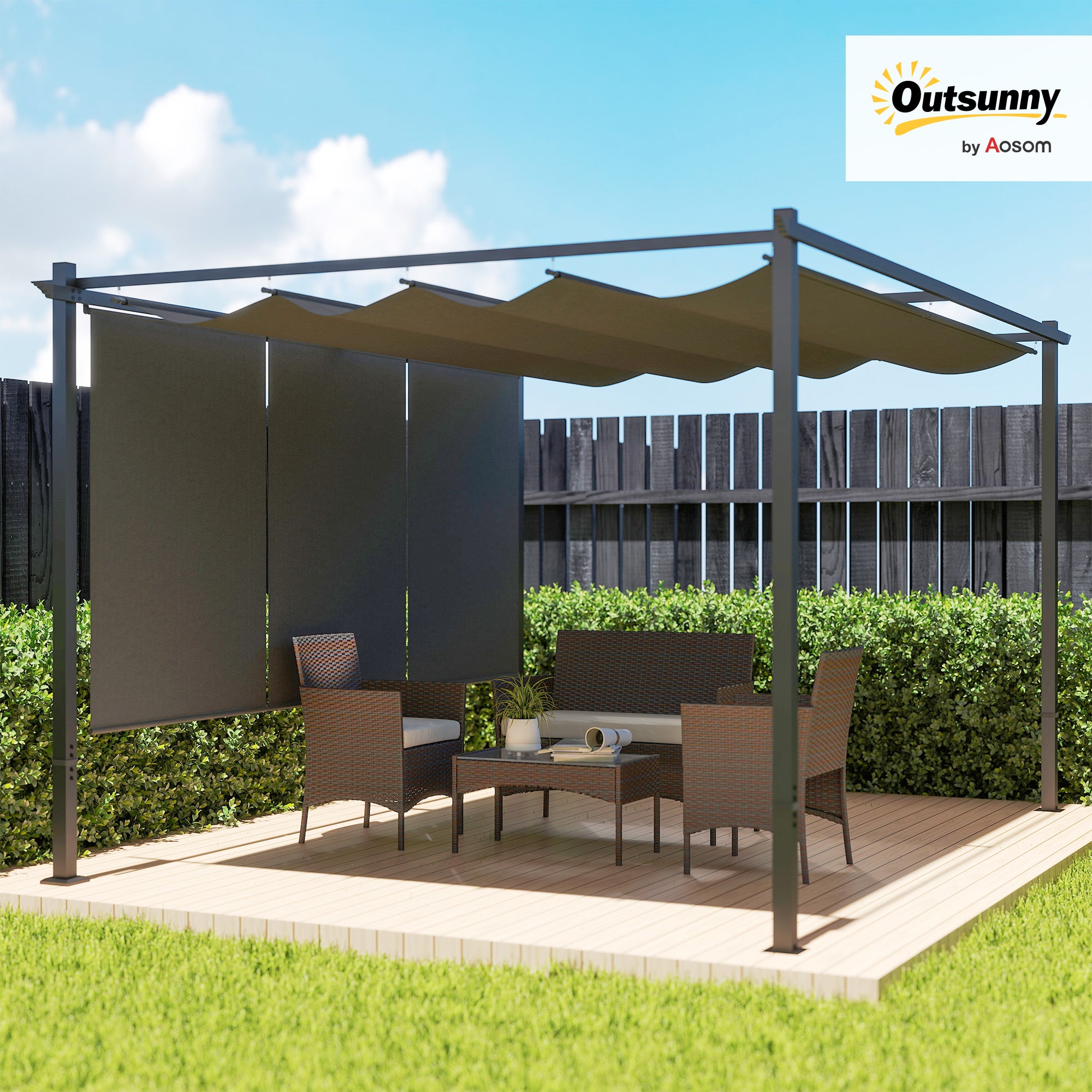 Outsunny 3 x 4m Metal Pergola with Retractable Roof and Roller Shade, Wall-Mounted or Free Standing Garden Gazebo Canopy Pergola Kit, UPF30+ Outdoor Sun Shade Shelter, Grey - North Peak Garden Furniture
