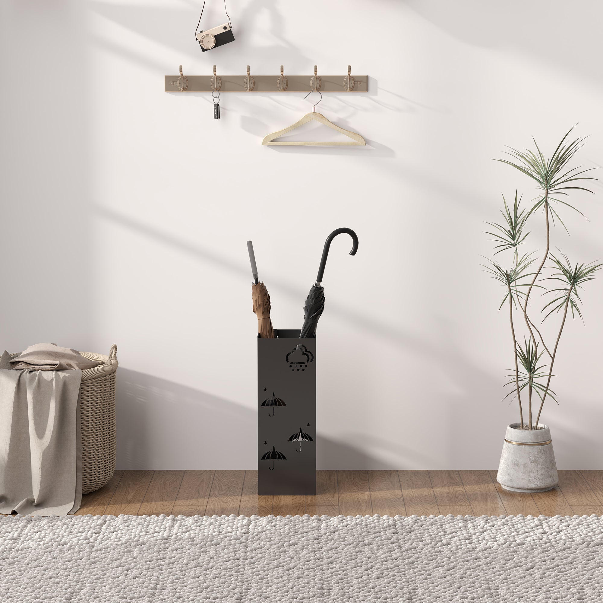 HOMCOM Metal Umbrella Stand, Square Umbrella Holder with Removable Drip Tray and 4 Hooks, Decorative Umbrella Storage Rack for Hallway, Entryway, 15.5 x 15.5 x 41 cm, Black - North Peak Garden Furniture