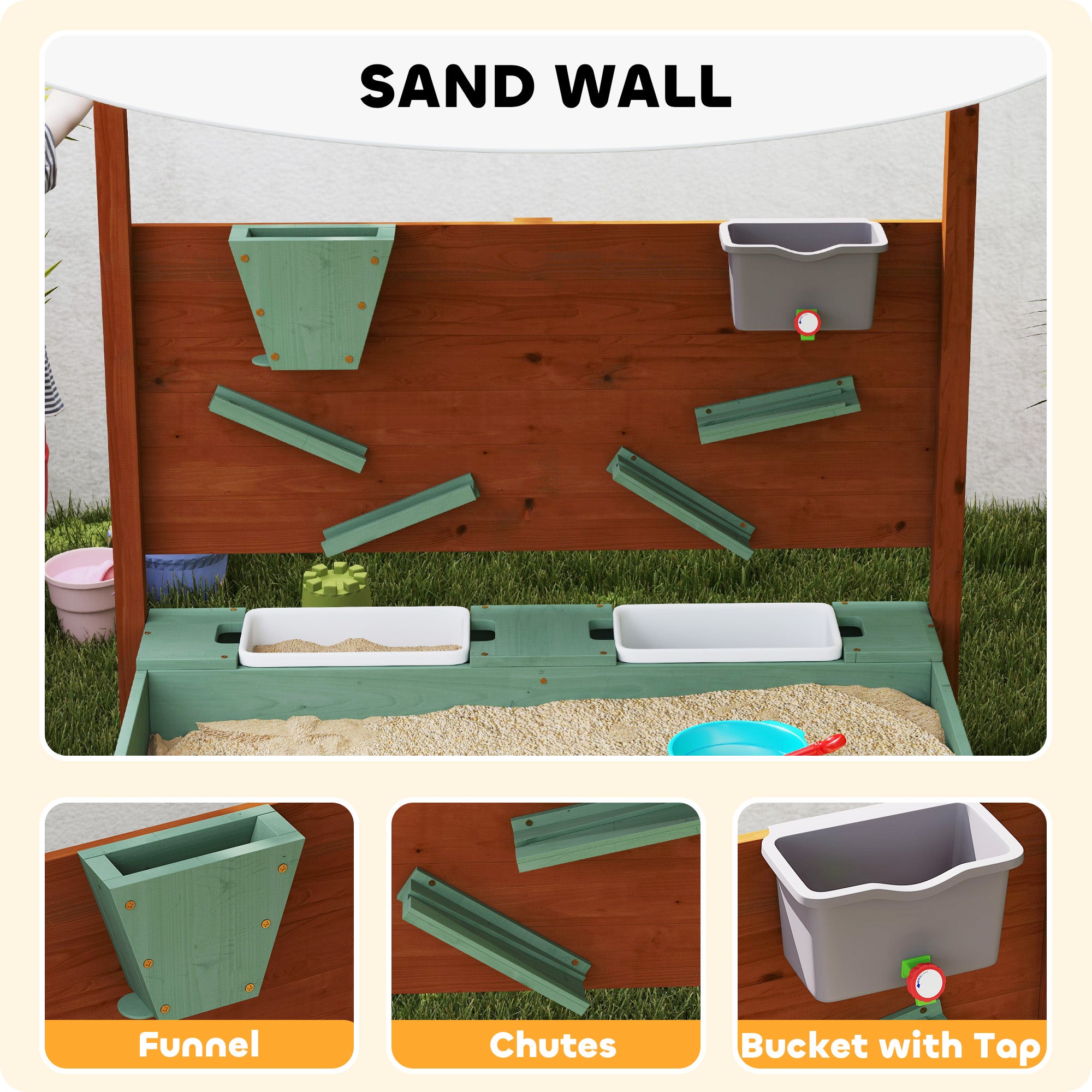 AIYAPLAY Wood Sandpit with Canopy, Storage Bins, Funnel, Liner, Chutes, Bucket with Tap, 116 x 112.5 x 128 cm, Green - North Peak Garden Furniture