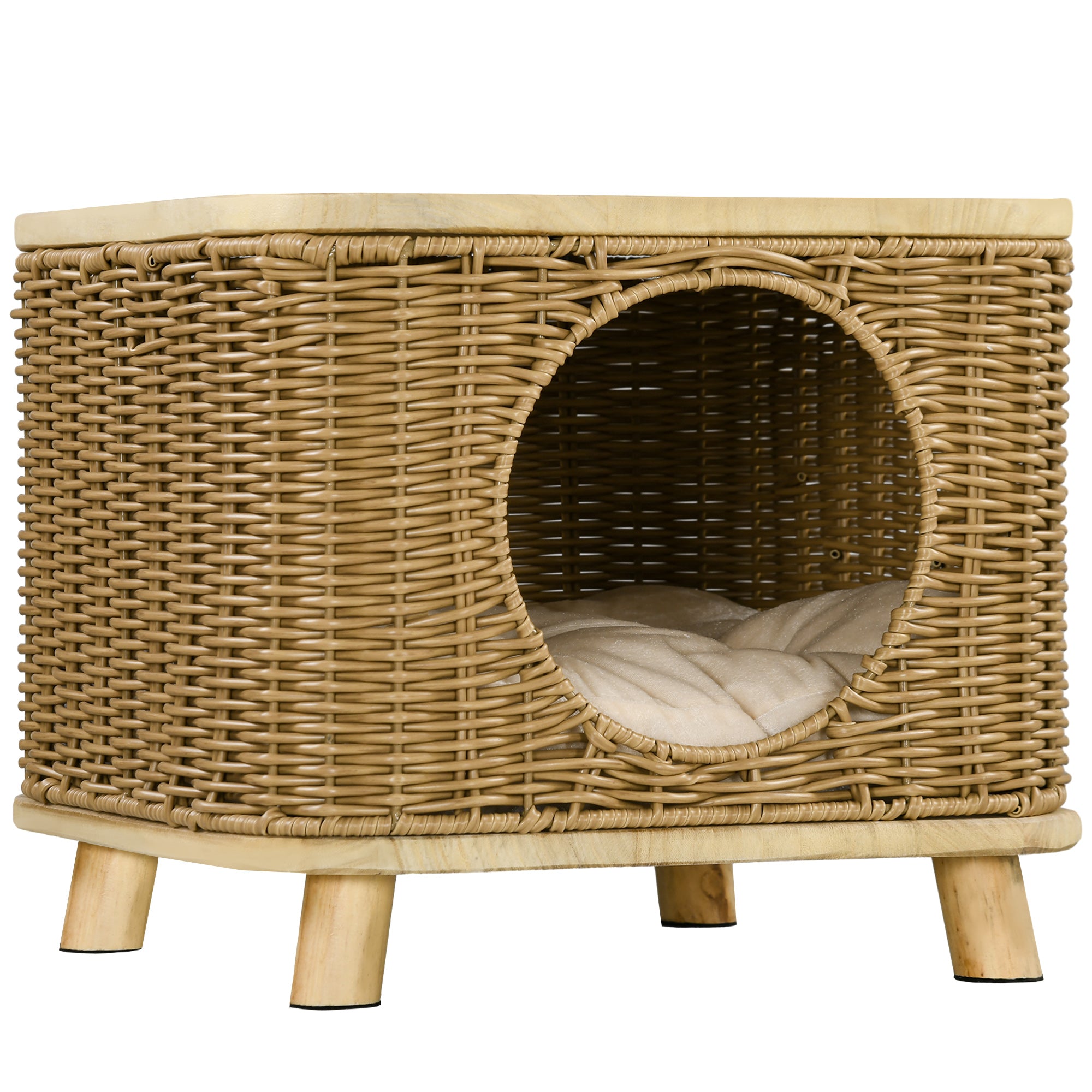 PawHut Elevated Design Wicker Cat House with Washable Cushion, Light Brown - North Peak Garden Furniture