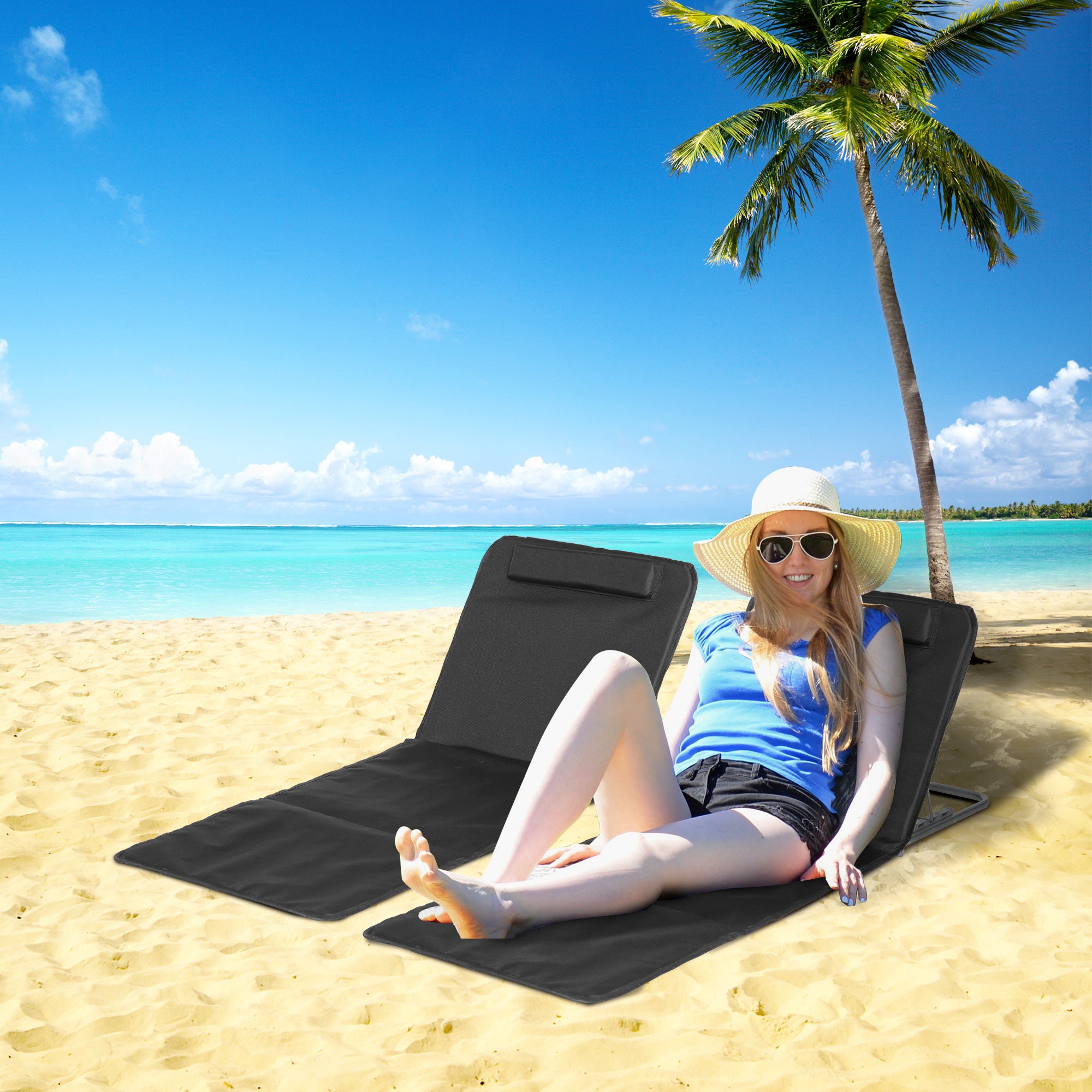 Outsunny Set of 2 Foldable Garden Beach Chair Mat Lightweight Outdoor Sun Lounger Seats Adjustable Back Metal Frame PE Fabric Head Pillow w/ Carry Bag, Black - North Peak Garden Furniture