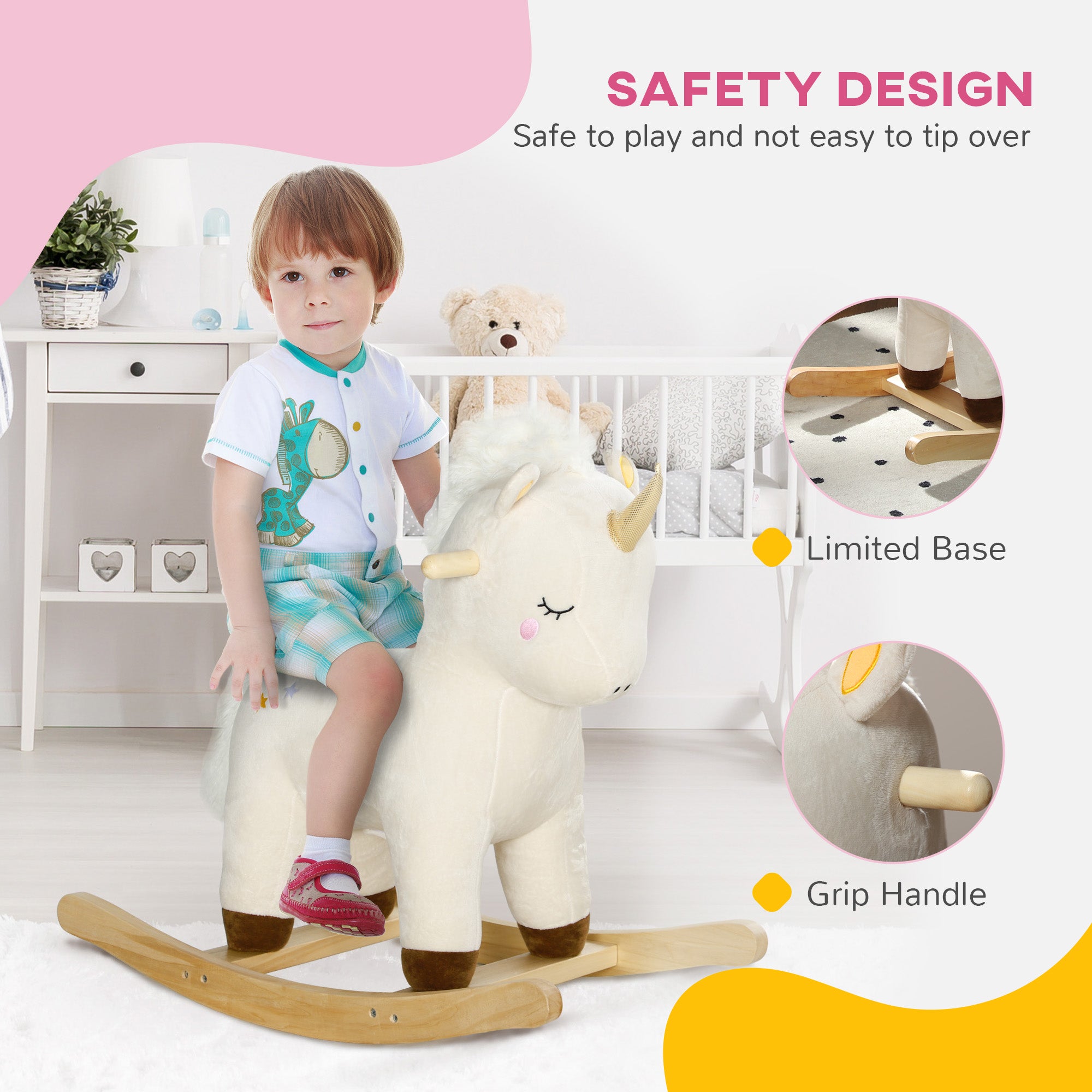 AIYAPLAY Rocking Horse with Unicorn Design, Sounds, for Ages 2-4 Years, White - North Peak Garden Furniture