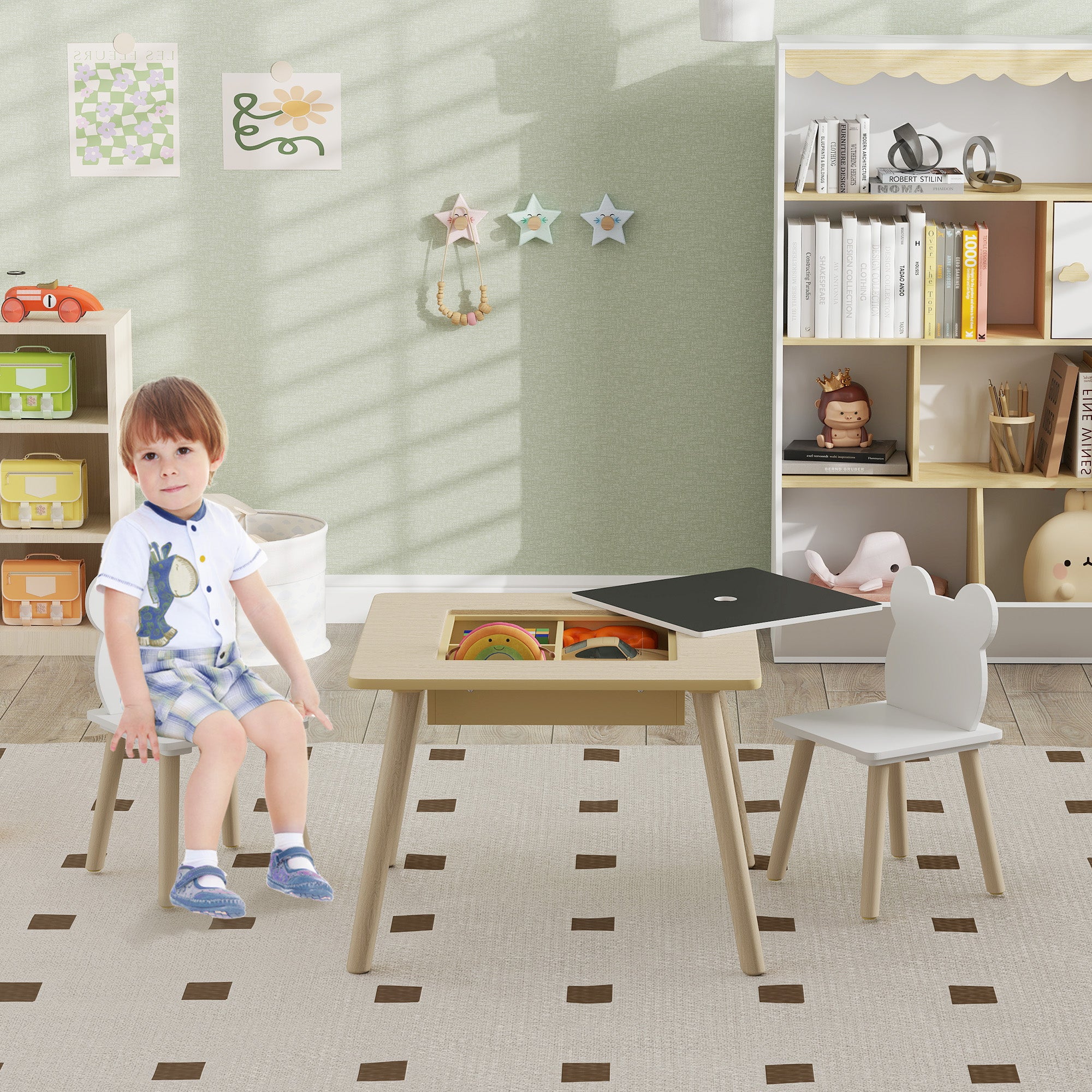 AIYAPLAY 3-Piece Kids Table and Chairs Set with Convertible Desk and Storage Grid, Kids Activity Table for Nursery, Playroom - North Peak Garden Furniture