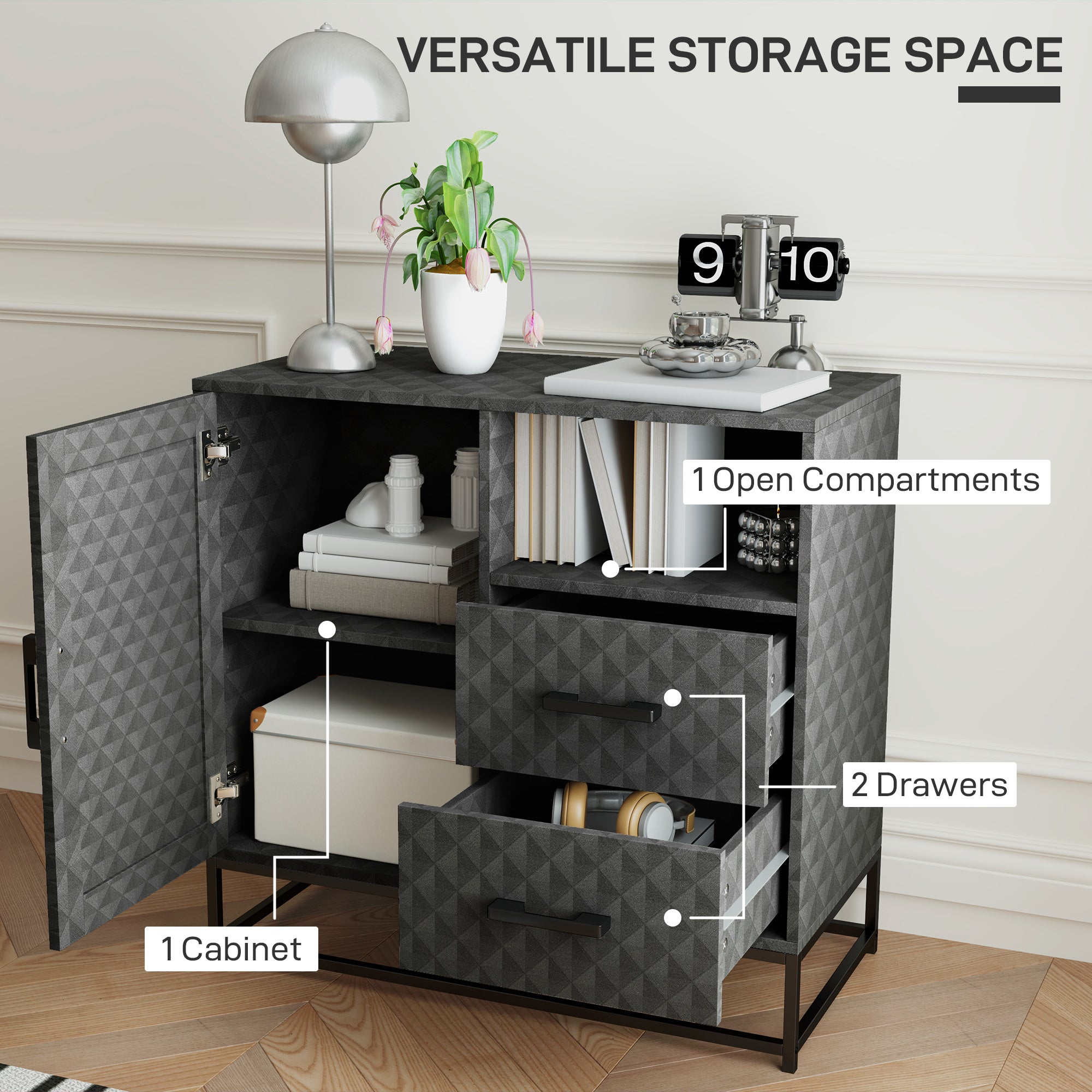 HOMCOM Sideboard with Adjustable Shelf, Freestanding Sideboard Storage Cabinet with Open Compartment and 2 Drawers, Grey - North Peak Garden Furniture