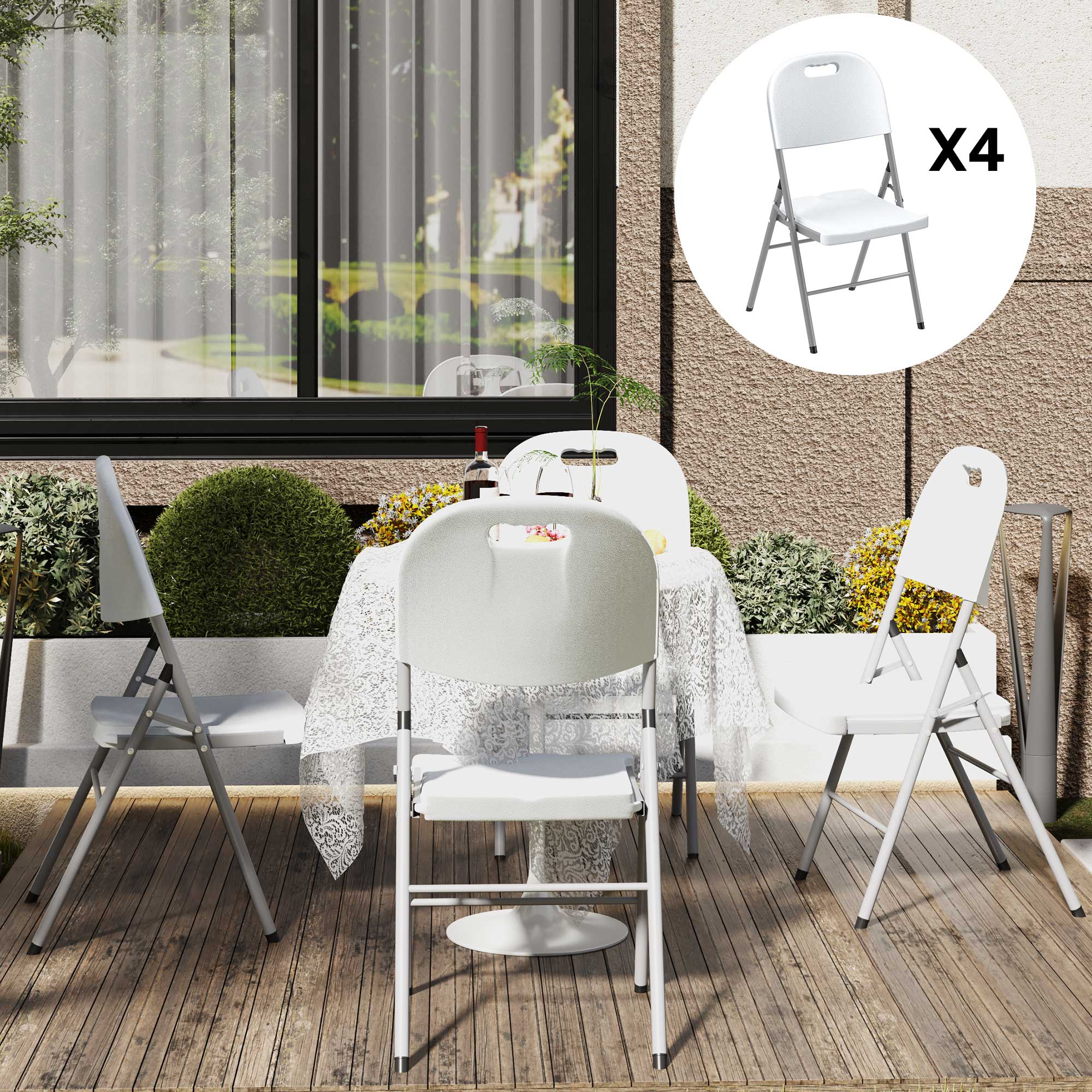 Outsunny Folding Chair Set of 4 with Steel Frame, Outdoor Chair Set with HDPE Backrest, Seat and Handles for Mobility, Garden Chair Set for Patio Deck Balcony, White - North Peak Garden Furniture