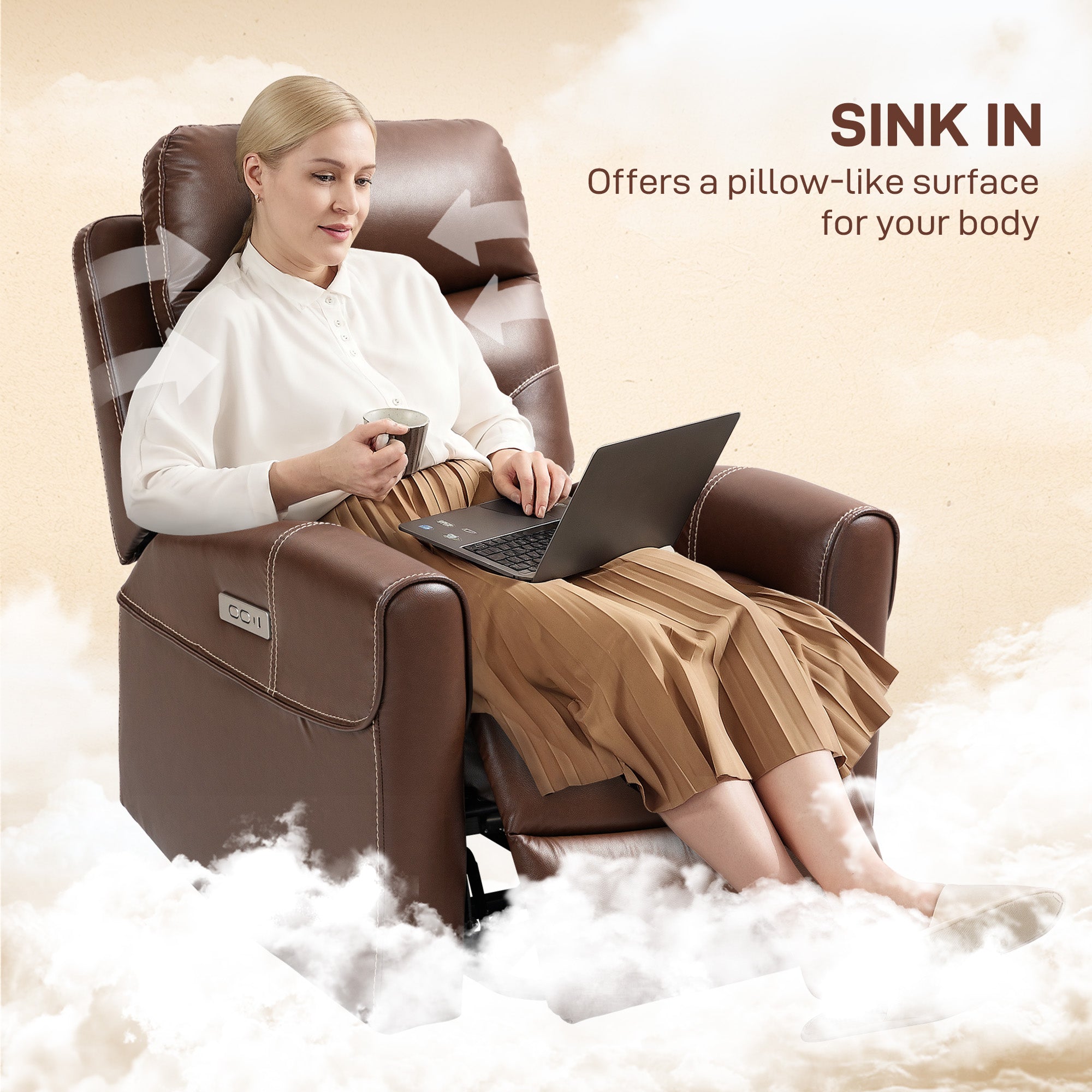HOMCOM Power Lift Recliner Chair for Elderly, Overstuffed Faux Leather Riser and Reclining Chair with USB A+C Ports, Remote Control, Recliner Armchair for Living Room, Brown - North Peak Garden Furniture