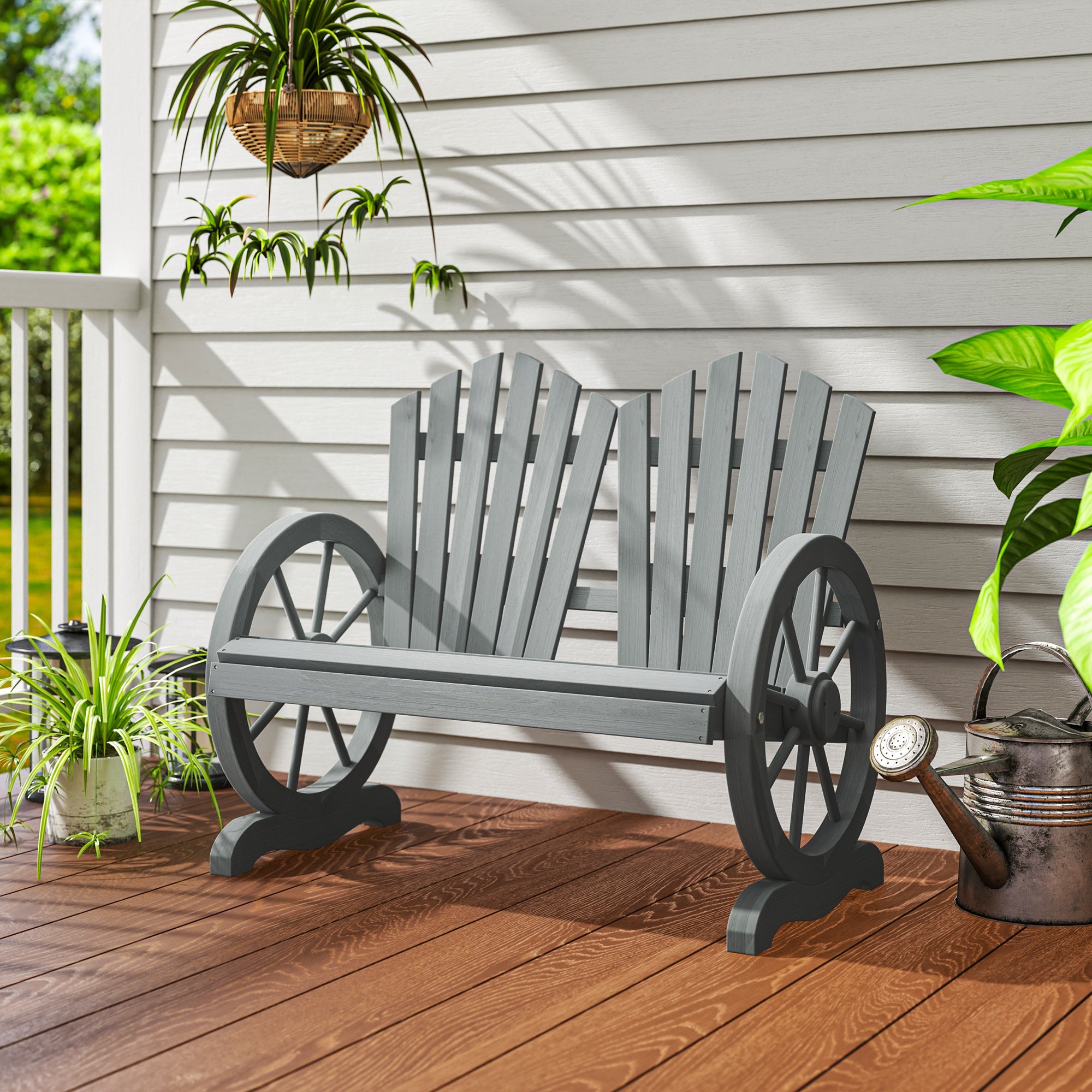 Outsunny Fir Wood Love Seats with Wheel-Shaped Armrests, Large Load-Bearing Chair, Grey - North Peak Garden Furniture