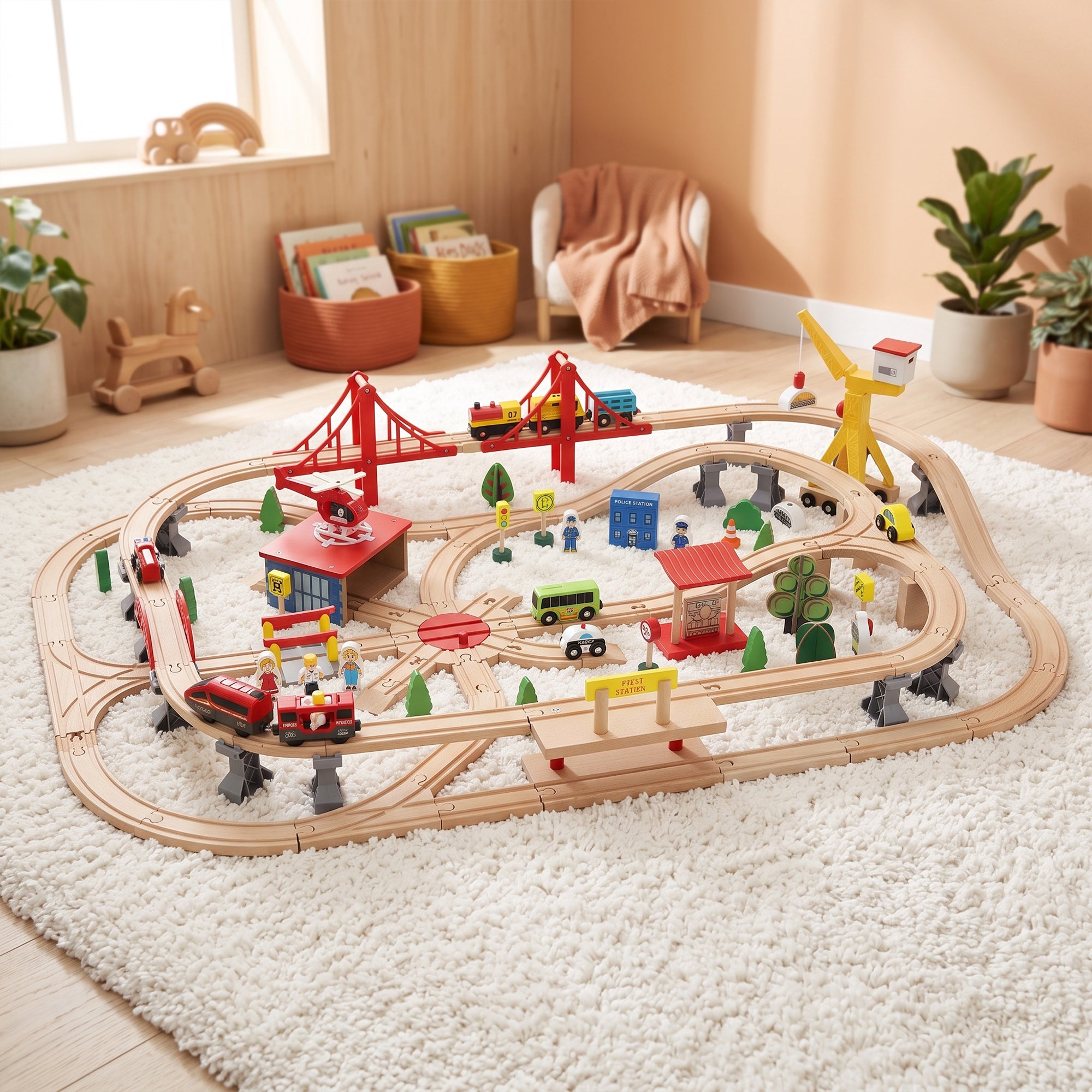 AIYAPLAY 133-Piece Wooden Train Set, Toy Train with Crane, Storage Box, for Kids Ages 3+