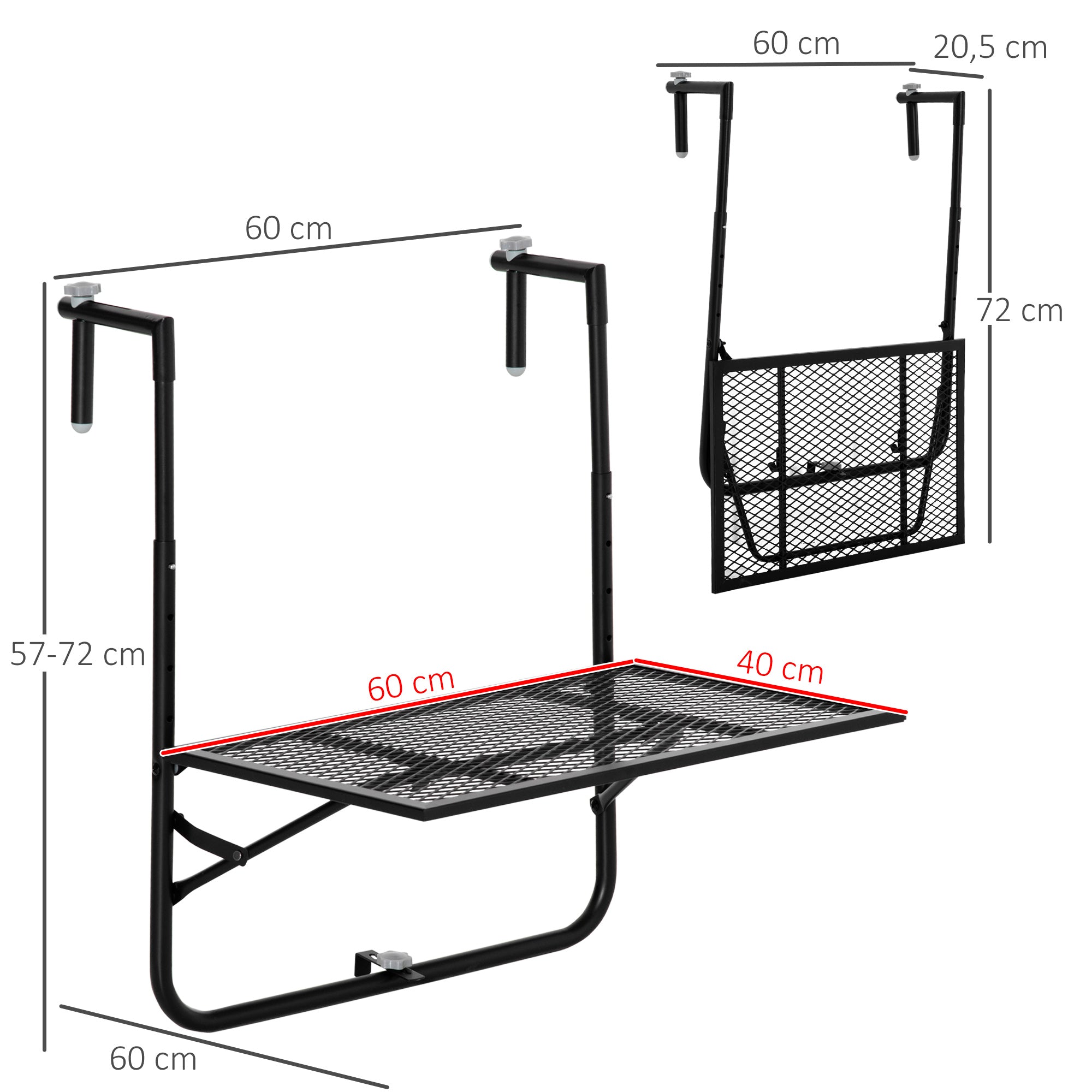 Outsunny Balcony Hanging Table, Metal Wall Mount Desk, Adjustable Folding Balcony Deck Table for Patio and Garden, Black - North Peak Garden Furniture