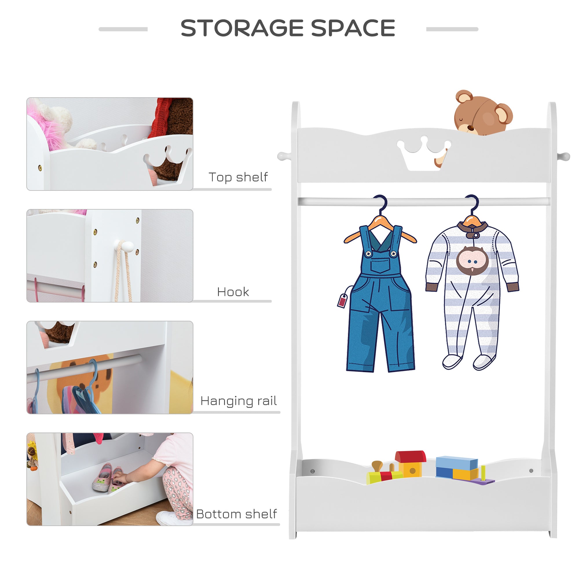 HOMCOM Kids Clothes Rail and Mirror Set 360° Rotation Free Standing Full Length Mirror and Hanging Rack with Storage Shelves Child's Dressing Mirror Garment Wardrobe White - North Peak Garden Furniture