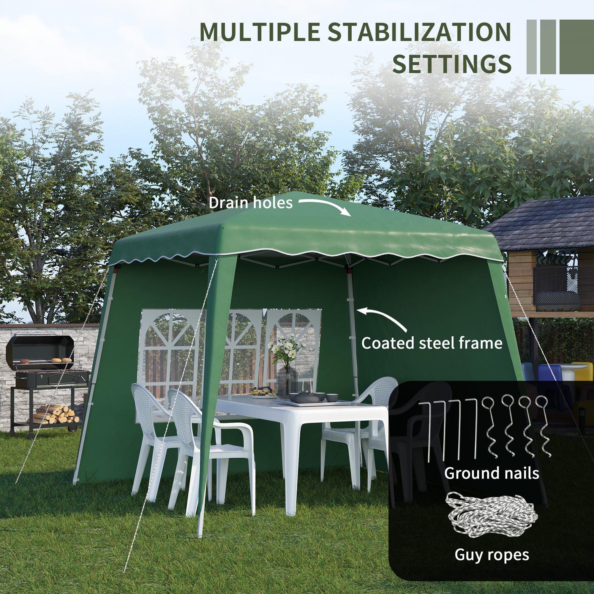 Outsunny Pop Up Gazebo Canopy Tent with 2 Sidewalls and Carry Bag, Height Adjustable, UV50+ Party Tent Event Shelter for Garden, Patio, 2.4 x 2.4m Top / 2.9 x 2.9m Base, Green