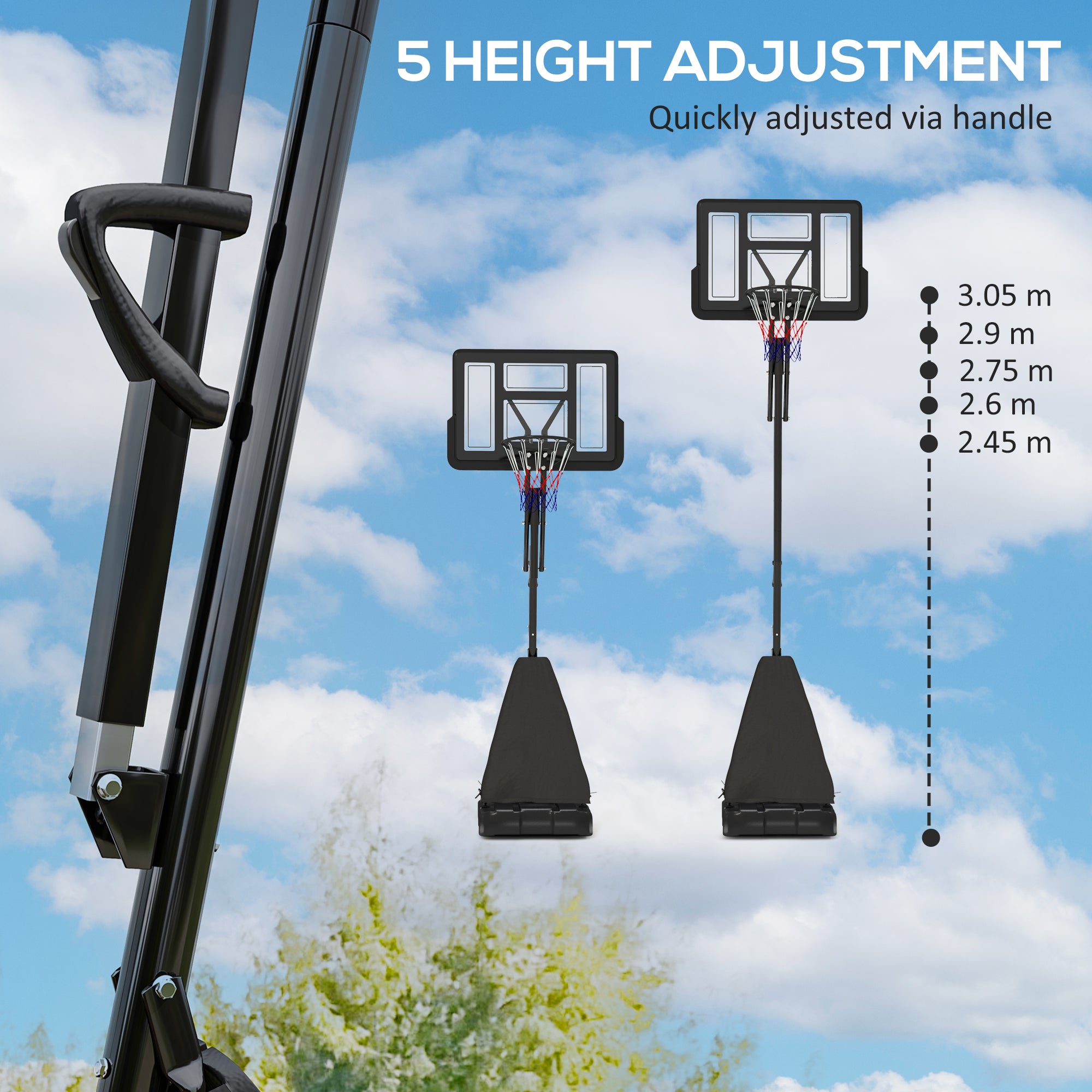 SPORTNOW Basketball Hoop Outdoor, Height Adjustable Basketball Hoop and Stand with Rebound System, Weighted Base, Portable on Wheels, 2.45-3.05m, for Teens, Juniors, Adults, Black - North Peak Garden Furniture