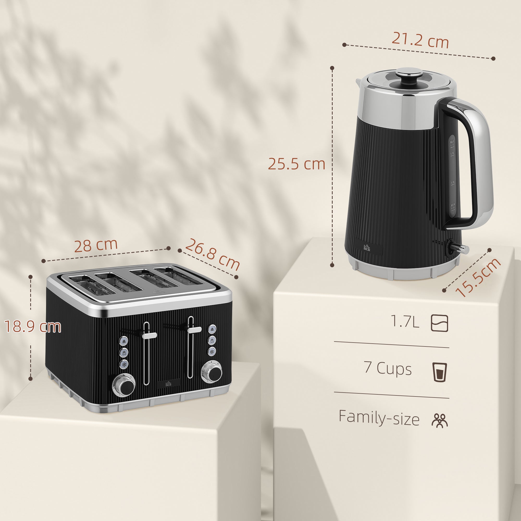 HOMCOM Electric Kettle and Toaster Set, 3000W 1.7L UK Strix Thermostat Rapid Boil Jug Kettle with Limescale Filter, Cool Touch Body, 4 Slice Toaster with 7 Browning Controls, Crumb Tray, Black