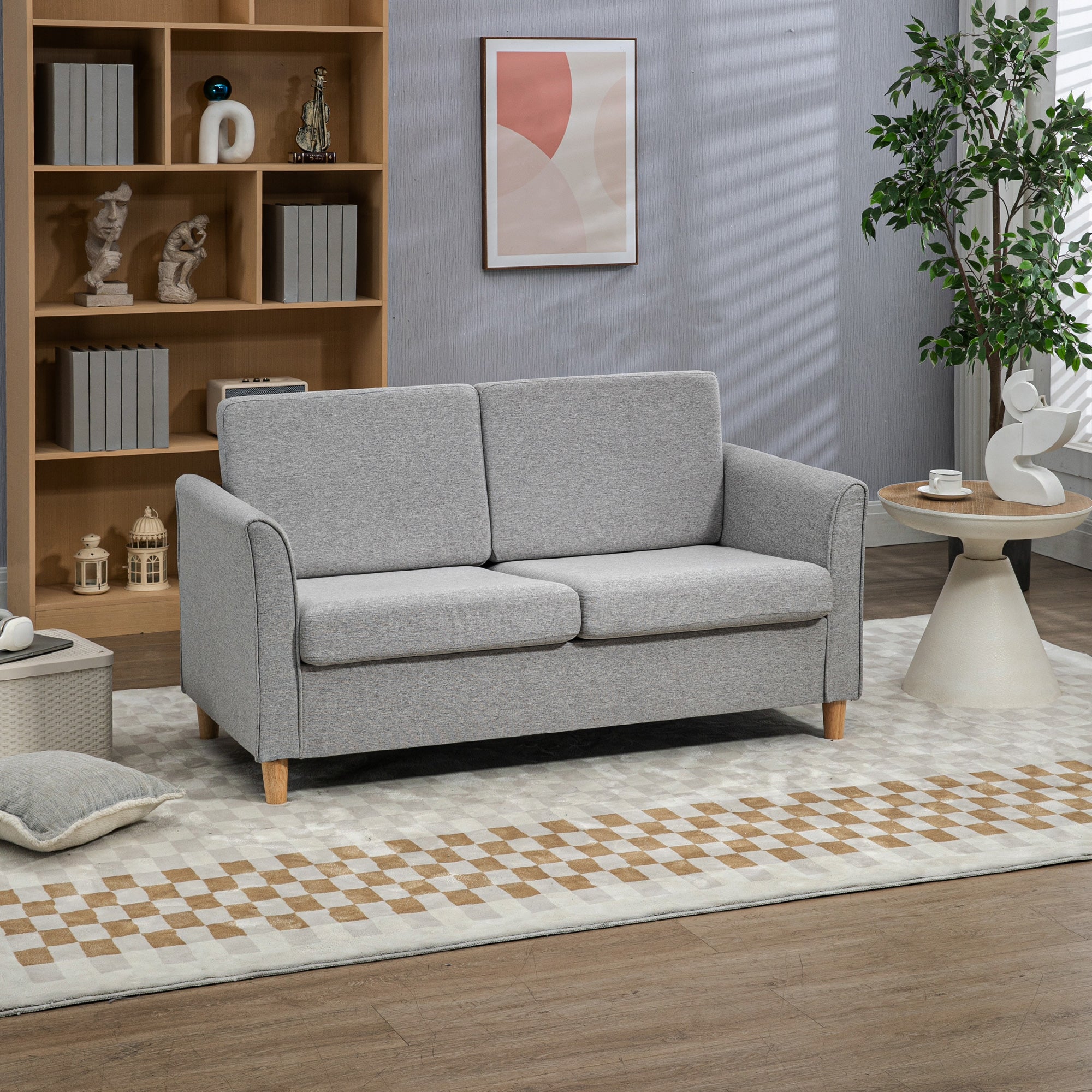 HOMCOM Compact Loveseat Sofa, Modern 2 Seater Sofa for Living Room with Wood Legs and Armrests, Light Grey - North Peak Garden Furniture