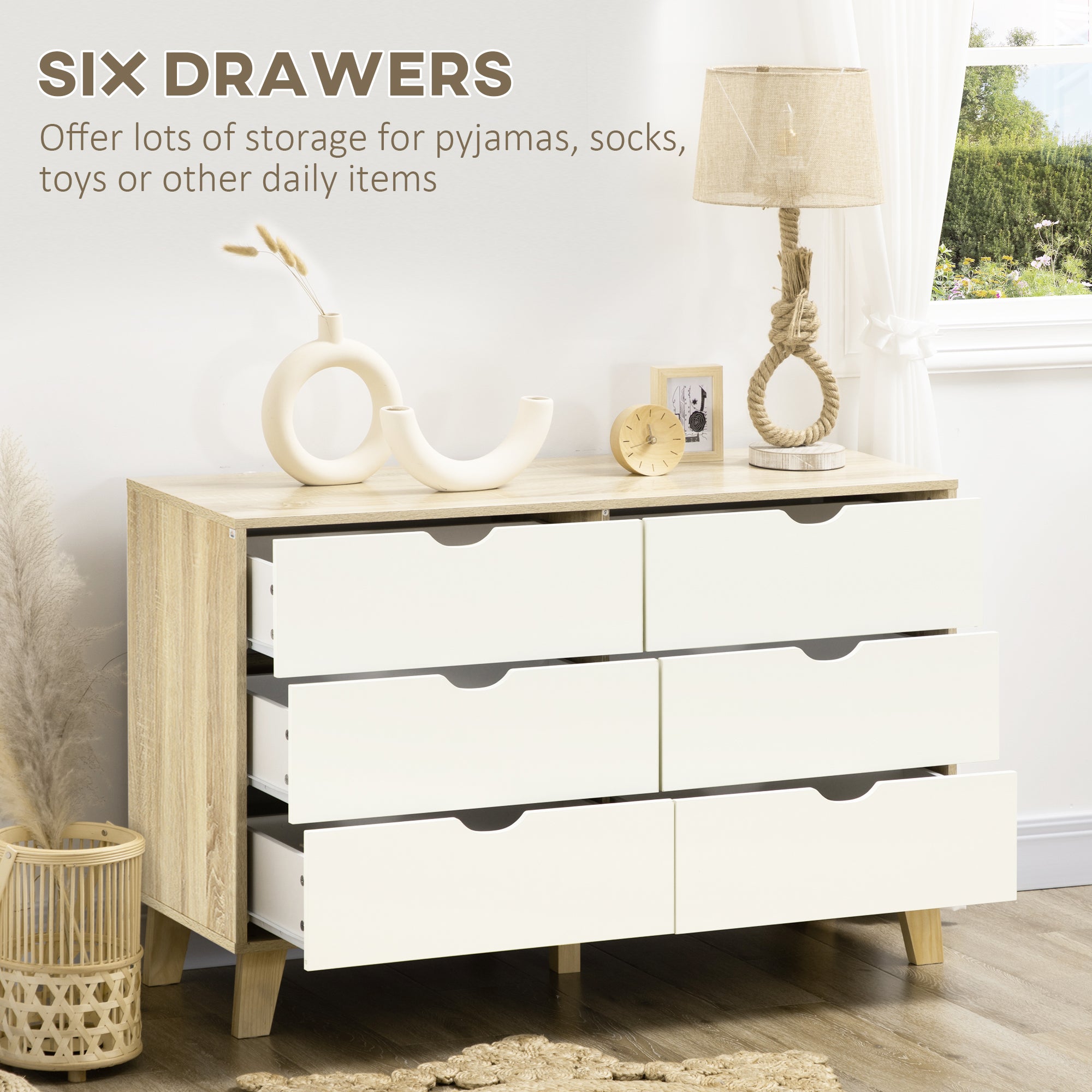 HOMCOM Bedroom Chest of Drawers, Wide 6-Drawer Dresser, Storage Drawer Unit with Wood Legs for Living Room, White and Light Brown - North Peak Garden Furniture