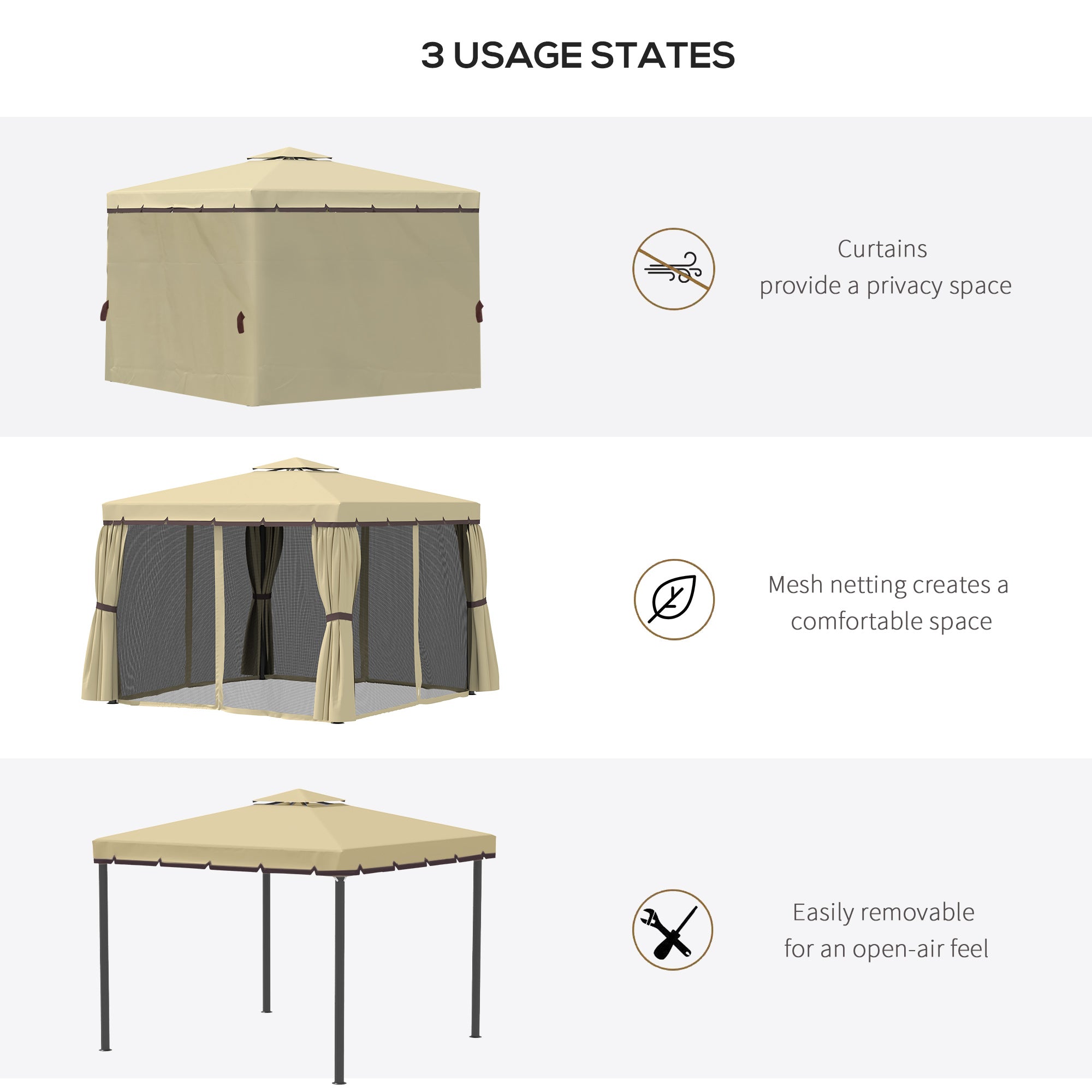 Outsunny 3 x 3(m) Patio Gazebo Canopy Garden Pavilion Tent Shelter with 2 Tier Water Repellent Roof, Mosquito Netting and Curtains, Aluminium Frame, Beige - North Peak Garden Furniture