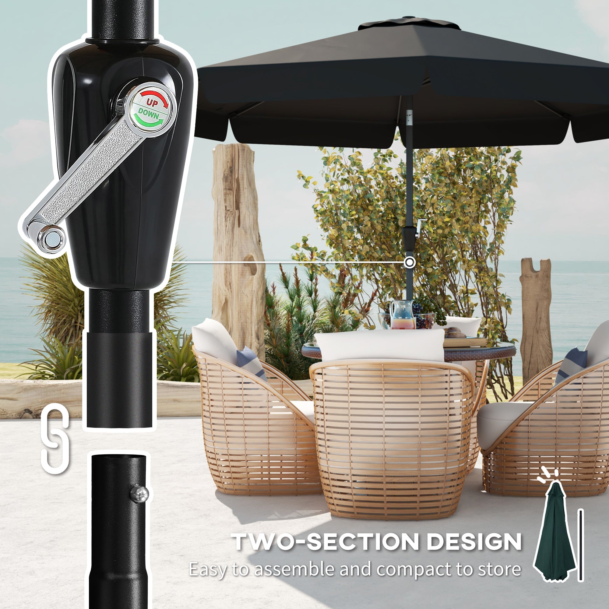 Outsunny 2.7m Patio Parasol Garden Umbrellas Outdoor Sun Shade Table Umbrella with Tilt, Crank, 8 Ribs, Ruffles, Black