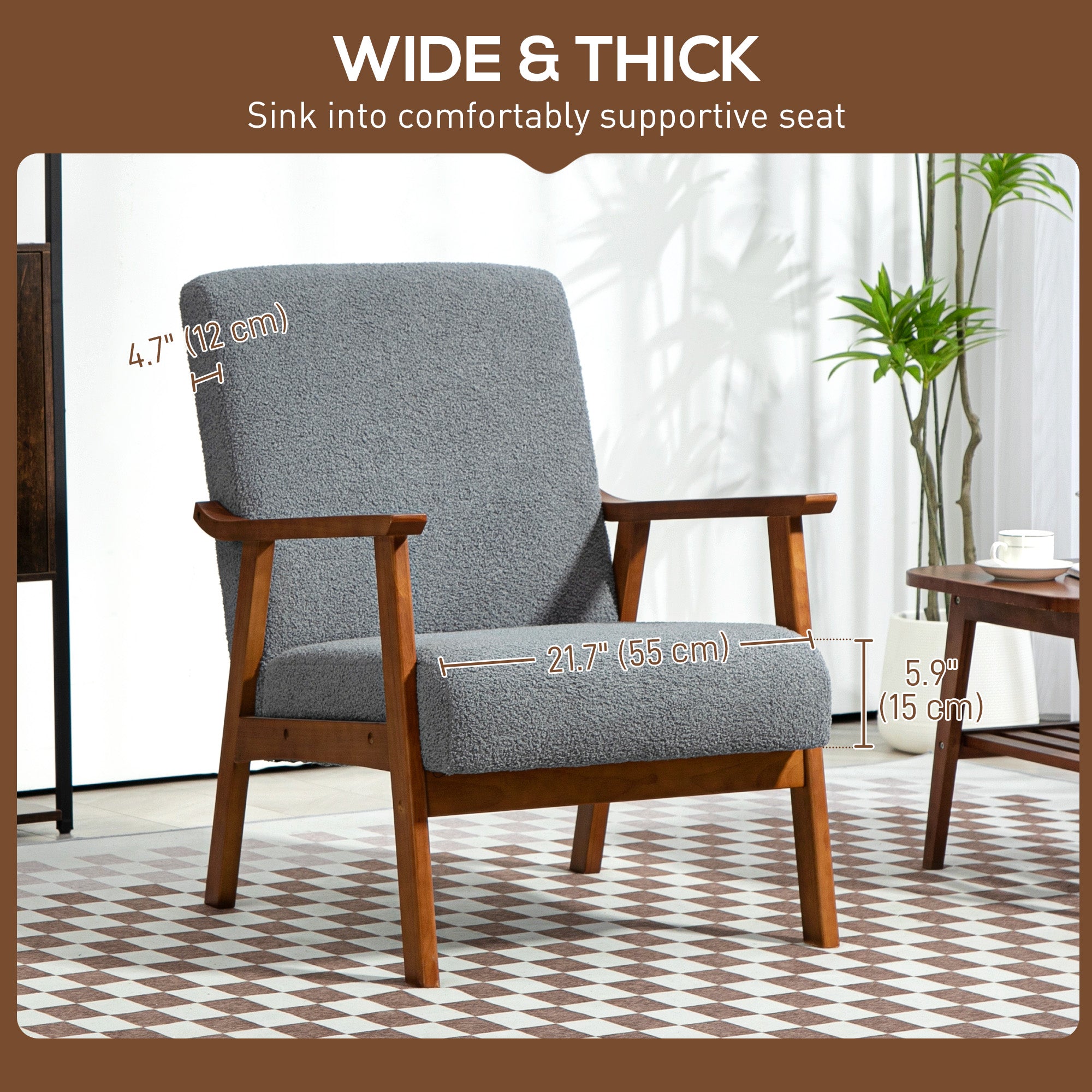 HOMCOM Armchair with Wide Seat, Boucle Accent Chair, Thick Padded Occasional Chair with Solid Wood Frame for Living Room Bedroom Home Office Reception Balcony, Grey - North Peak Garden Furniture