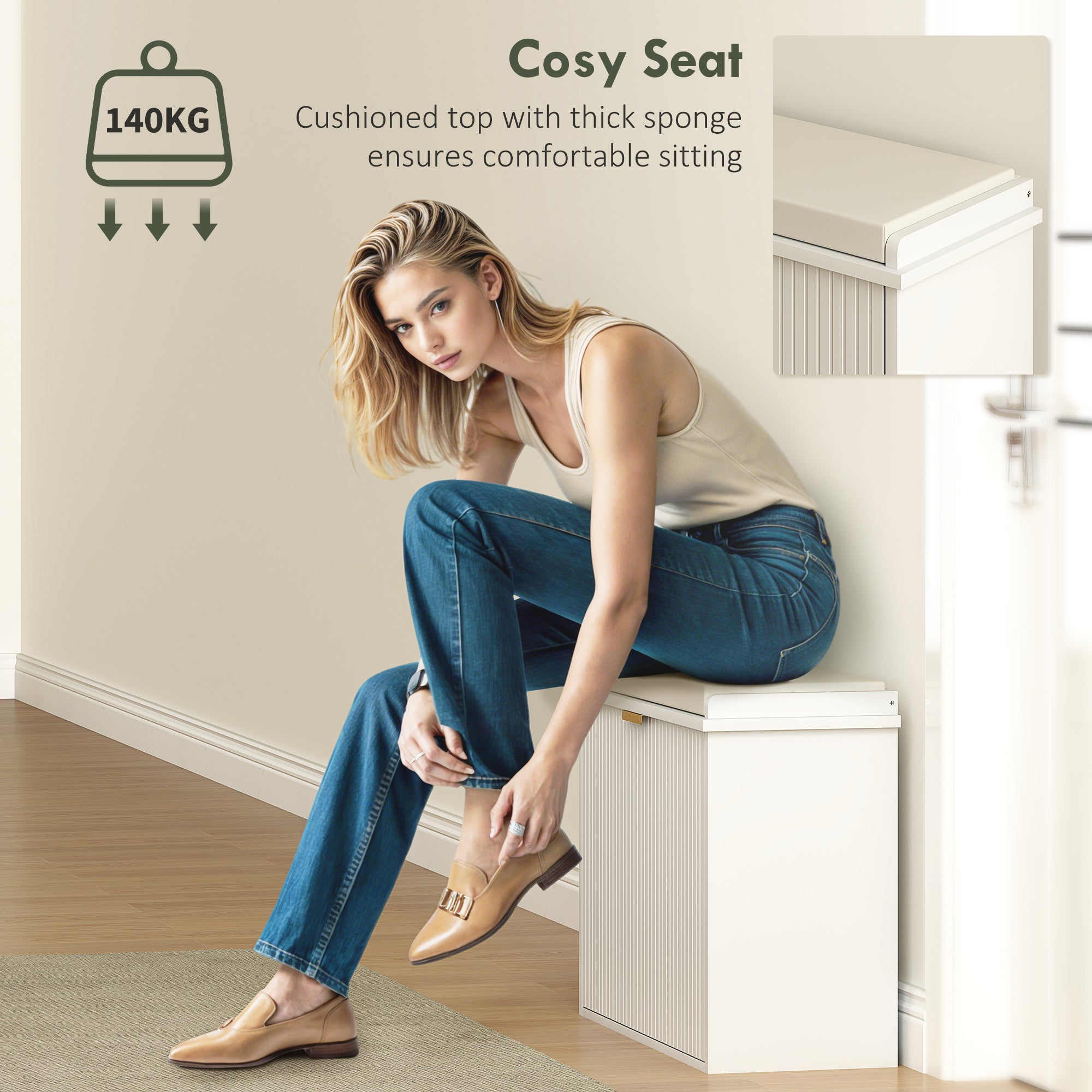 HOMCOM Elegant Six Shoe Bench, with Top Seat - White