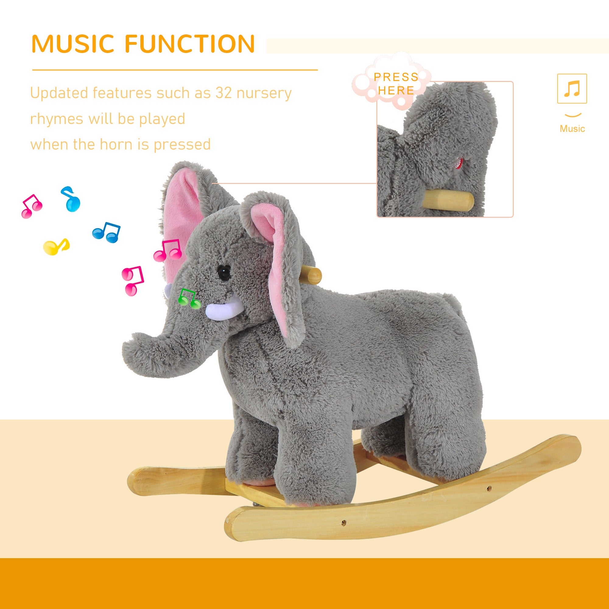HOMCOM Kids Children Rocking Horse Plush Ride on Animal Wooden Riding Traditional Rocker Gift w/32 nursery rhymes (Grey Elephant) - North Peak Garden Furniture