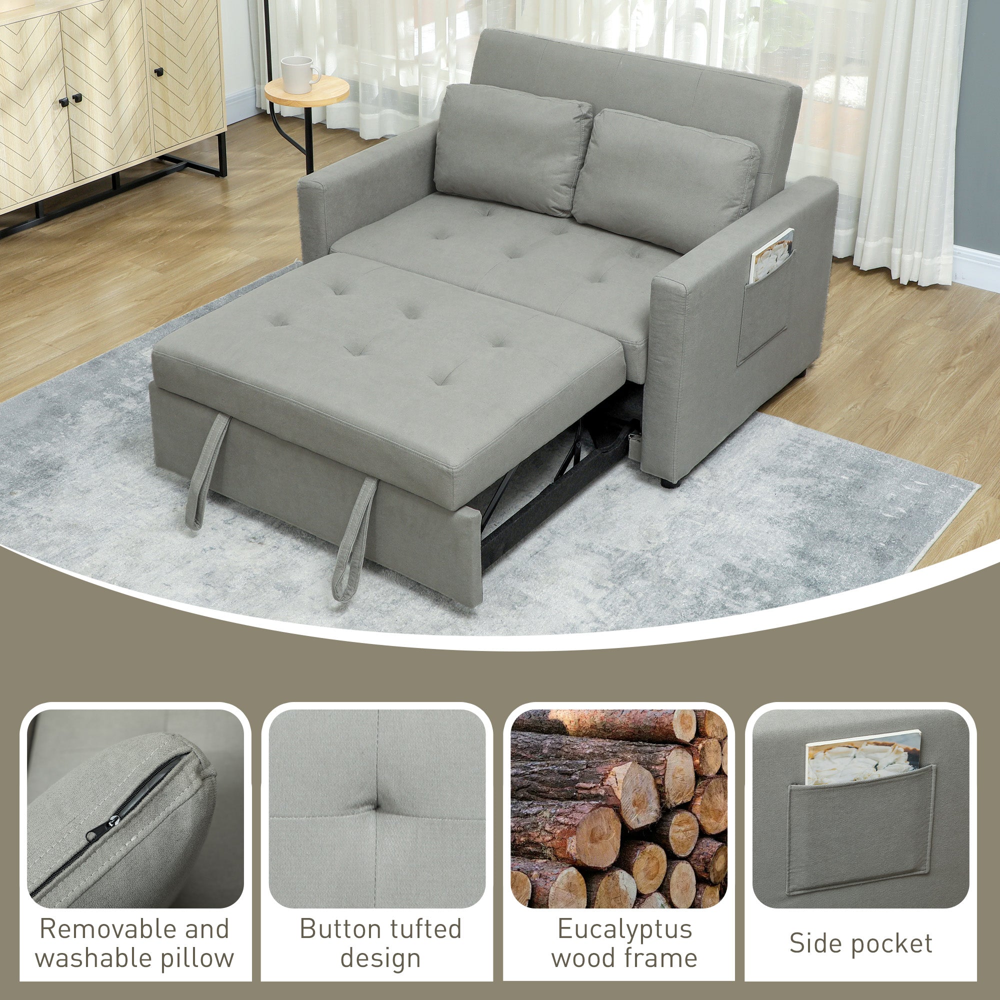 HOMCOM Velvet-Feel Two-Seater Sofa Bed - Light Grey - North Peak Garden Furniture