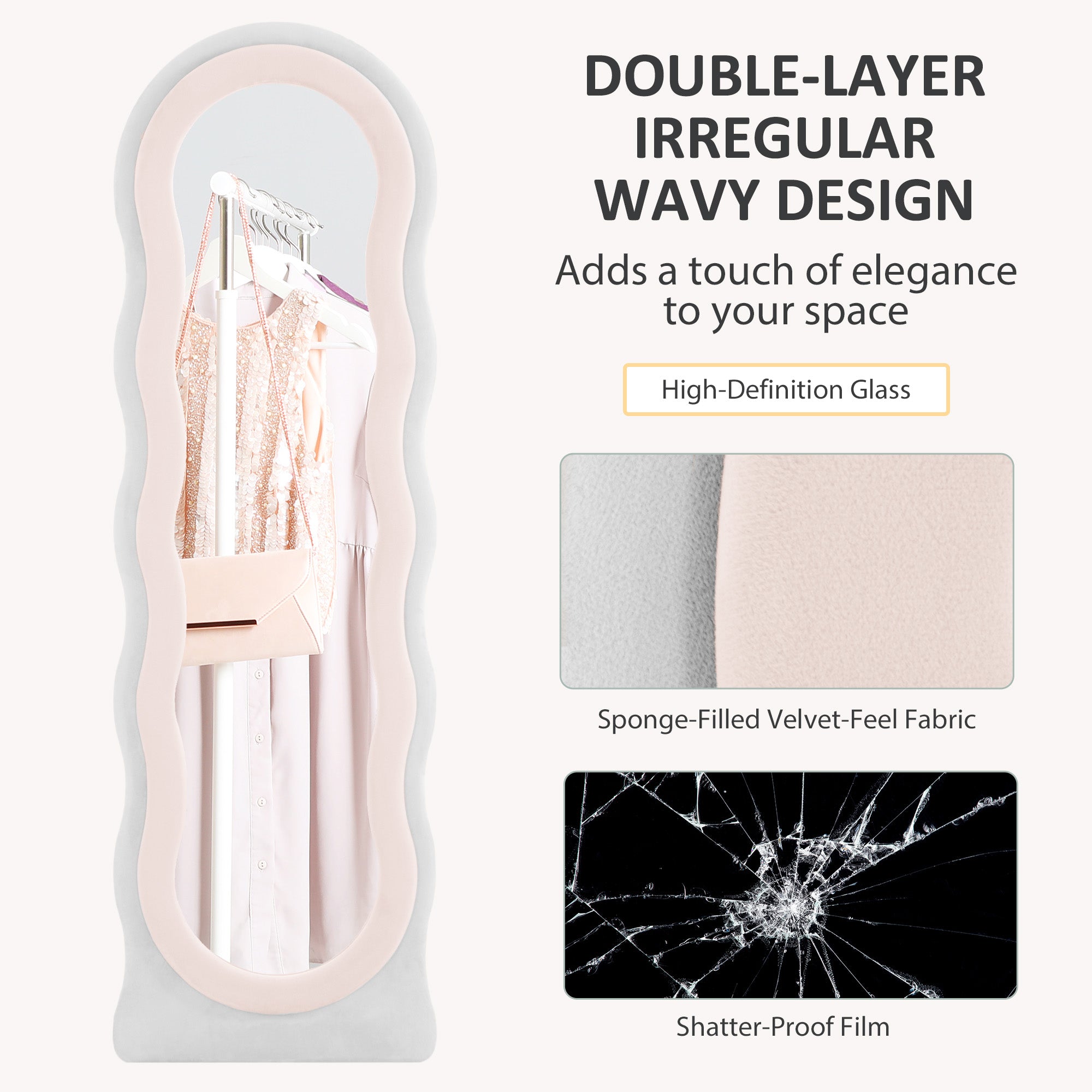 HOMCOM Wavy Velvet-Feel Full Length Mirror - Pink - North Peak Garden Furniture