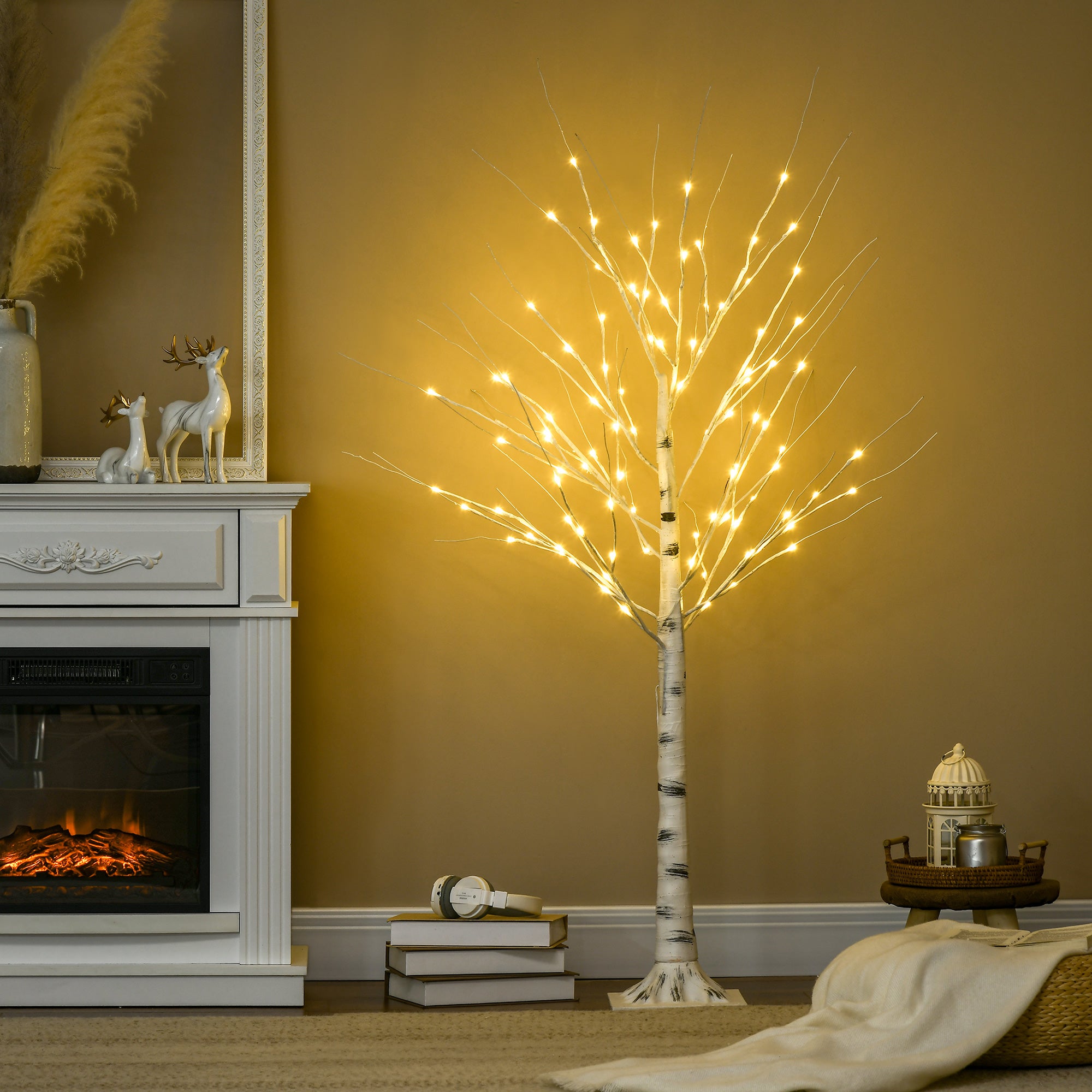HOMCOM 5ft Artificial White Birch Tree Light with Warm White Pre-Lit LED Light for Indoor and Covered Outdoor Use - North Peak Garden Furniture