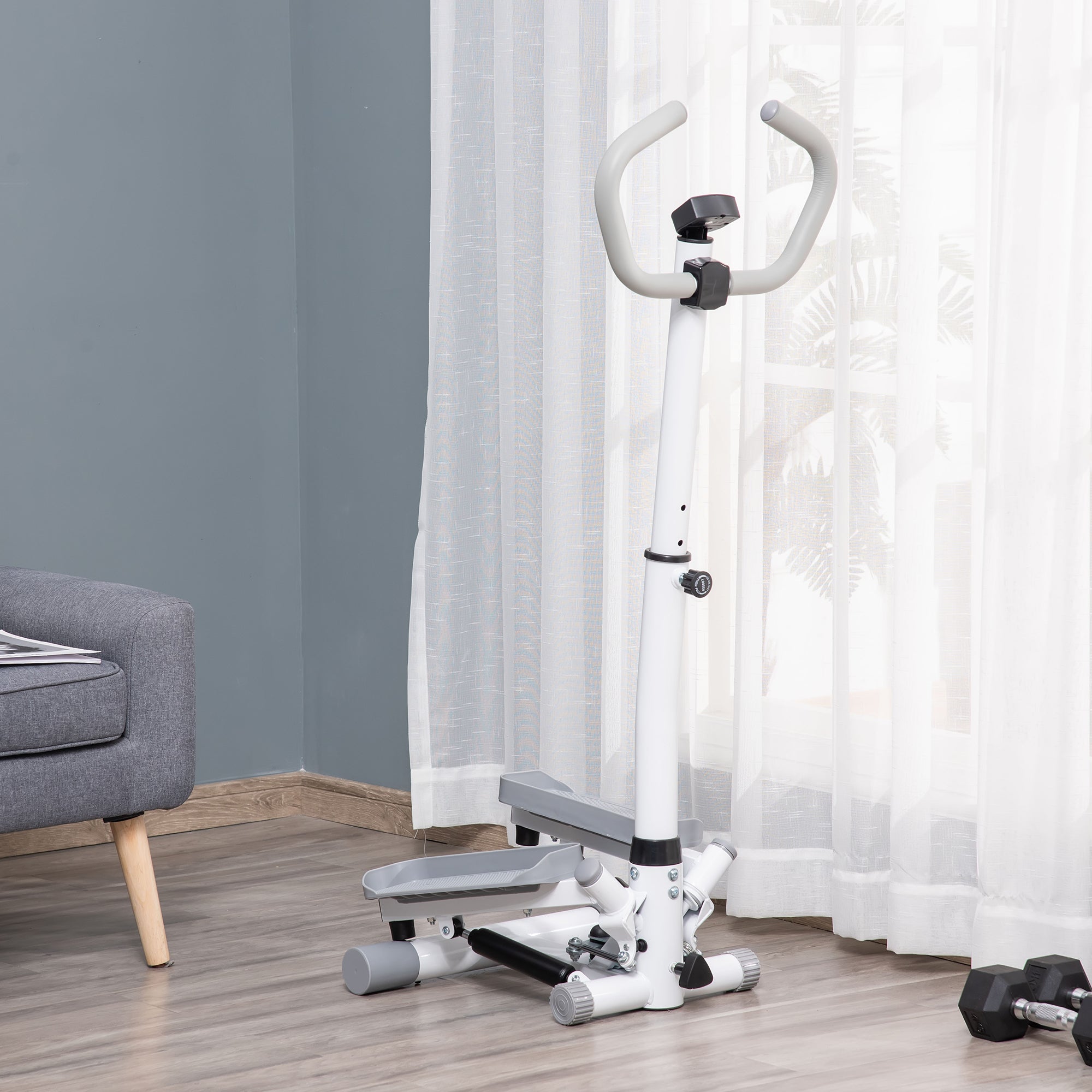 HOMCOM Adjustable Twist Stepper Aerobic Ab Exercise Fitness Workout Machine w/ LCD Screen, Height Adjust Handlebars for Home Gym, White and Grey - North Peak Garden Furniture