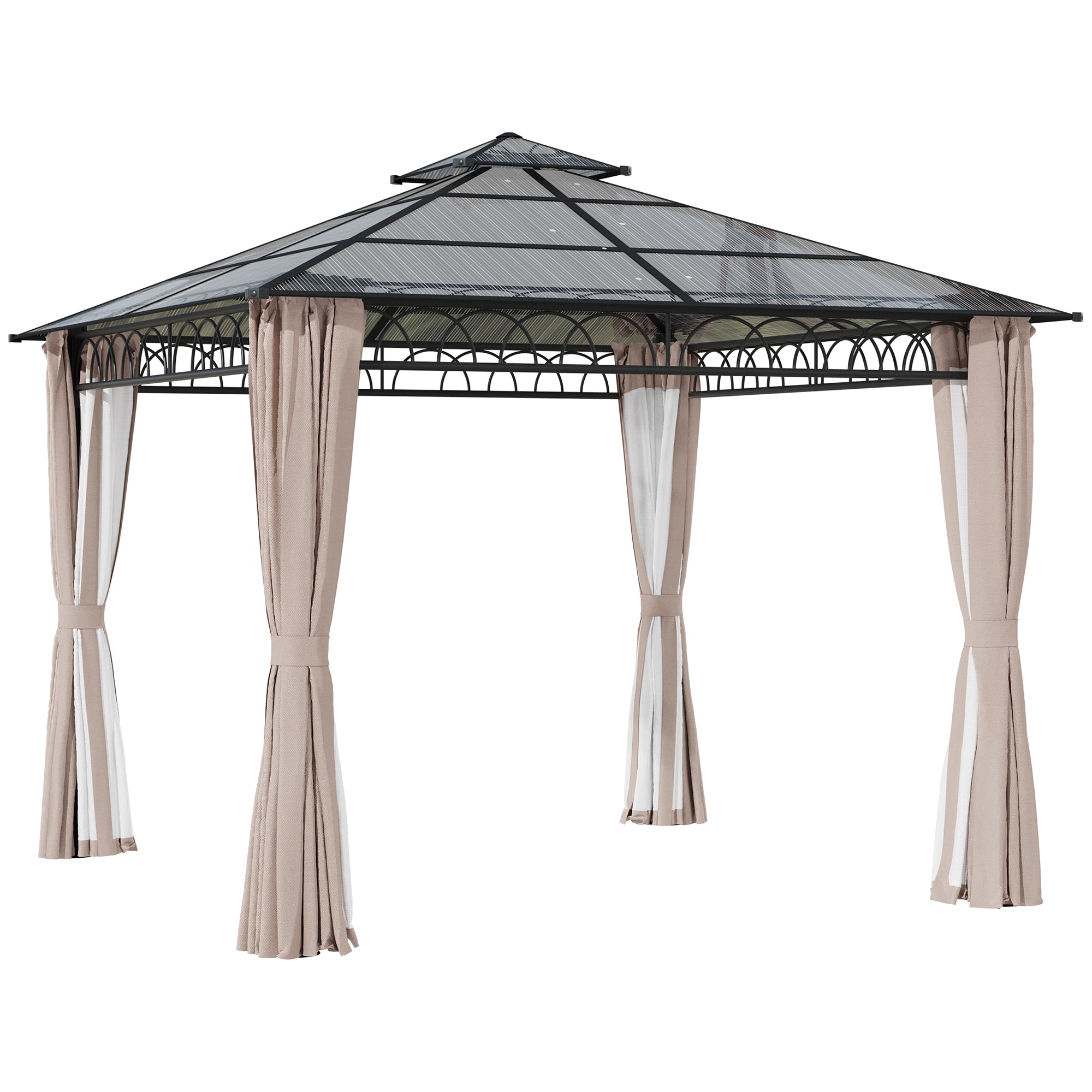 Outsunny 3 x 3 (m) Outdoor Polycarbonate Gazebo, Double Roof Hard Top Gazebo with Galvanised Steel Frame, Nettings & Curtains for Garden, Lawn, Patio and Deck