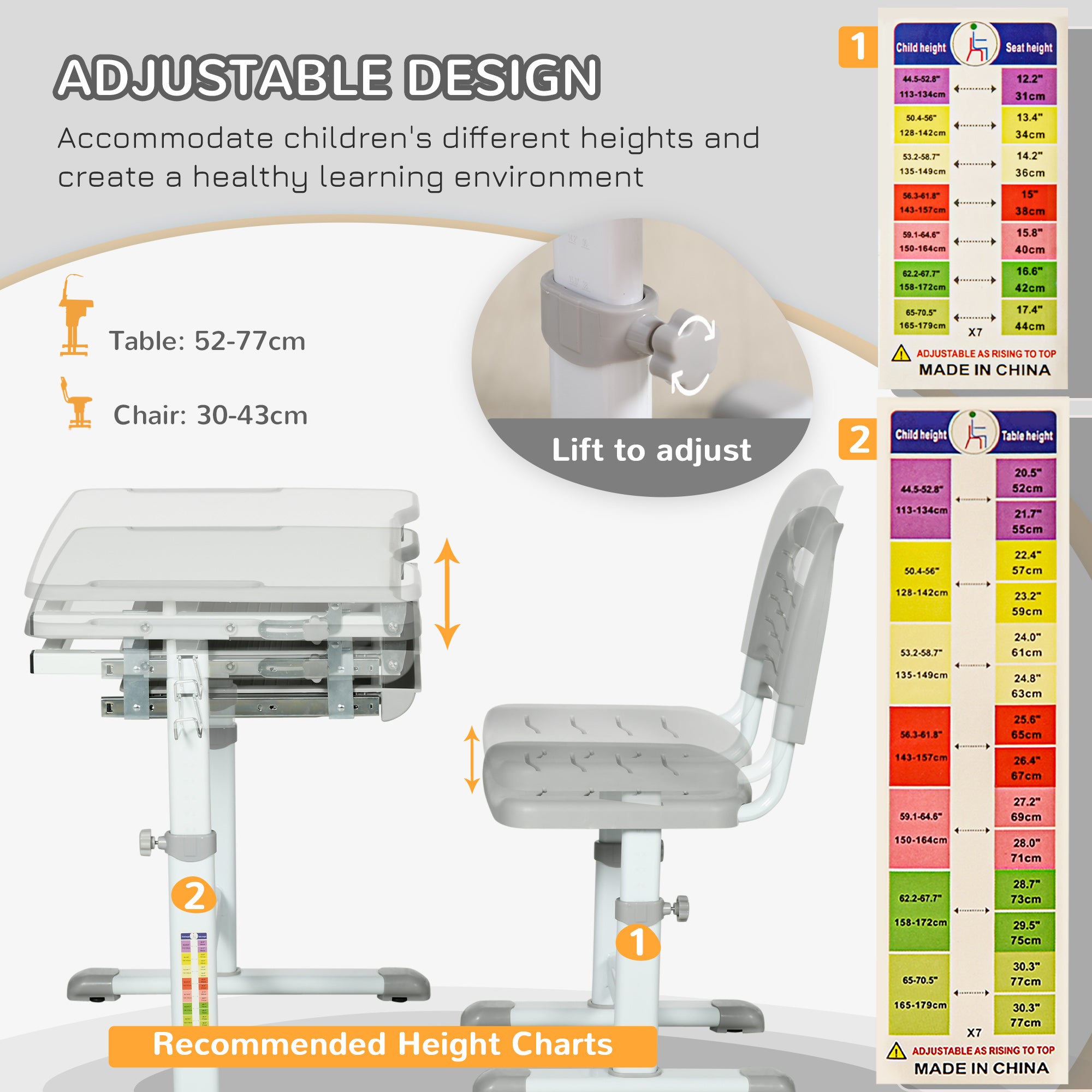 HOMCOM Kids Desk and Chair Set, Student Adjustable Writing Desk, with Drawer, Pen Slot, Hook - Grey - North Peak Garden Furniture