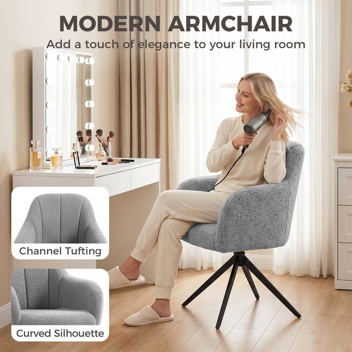HOMCOM 360 Degree Swivel Accent Chair, Teddy Fleece Armchair, Grey