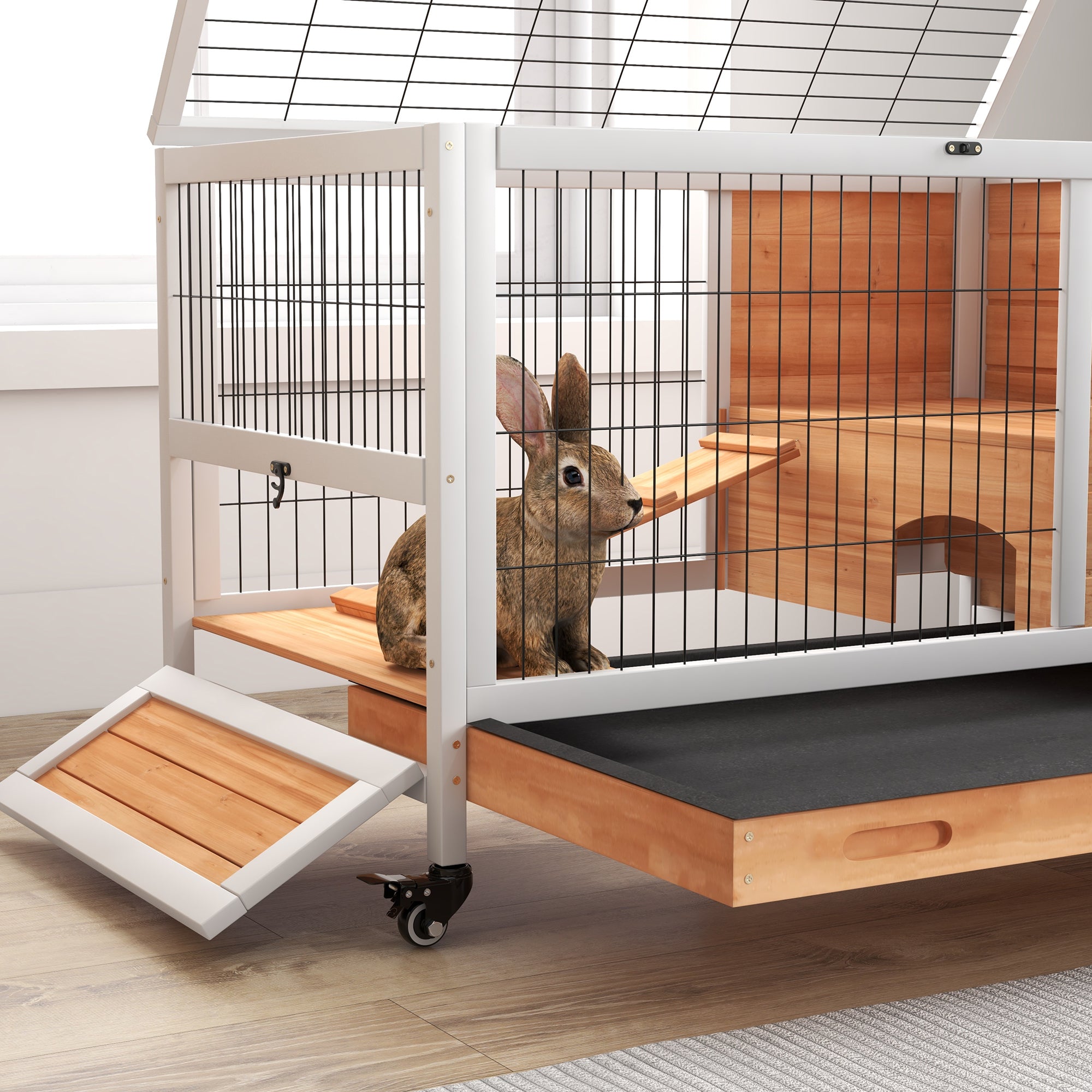 PawHut Wooden Guinea Pig Hutch, 2-Floor Bunny Cage w/ Enclosed Run Area, Yellow - North Peak Garden Furniture
