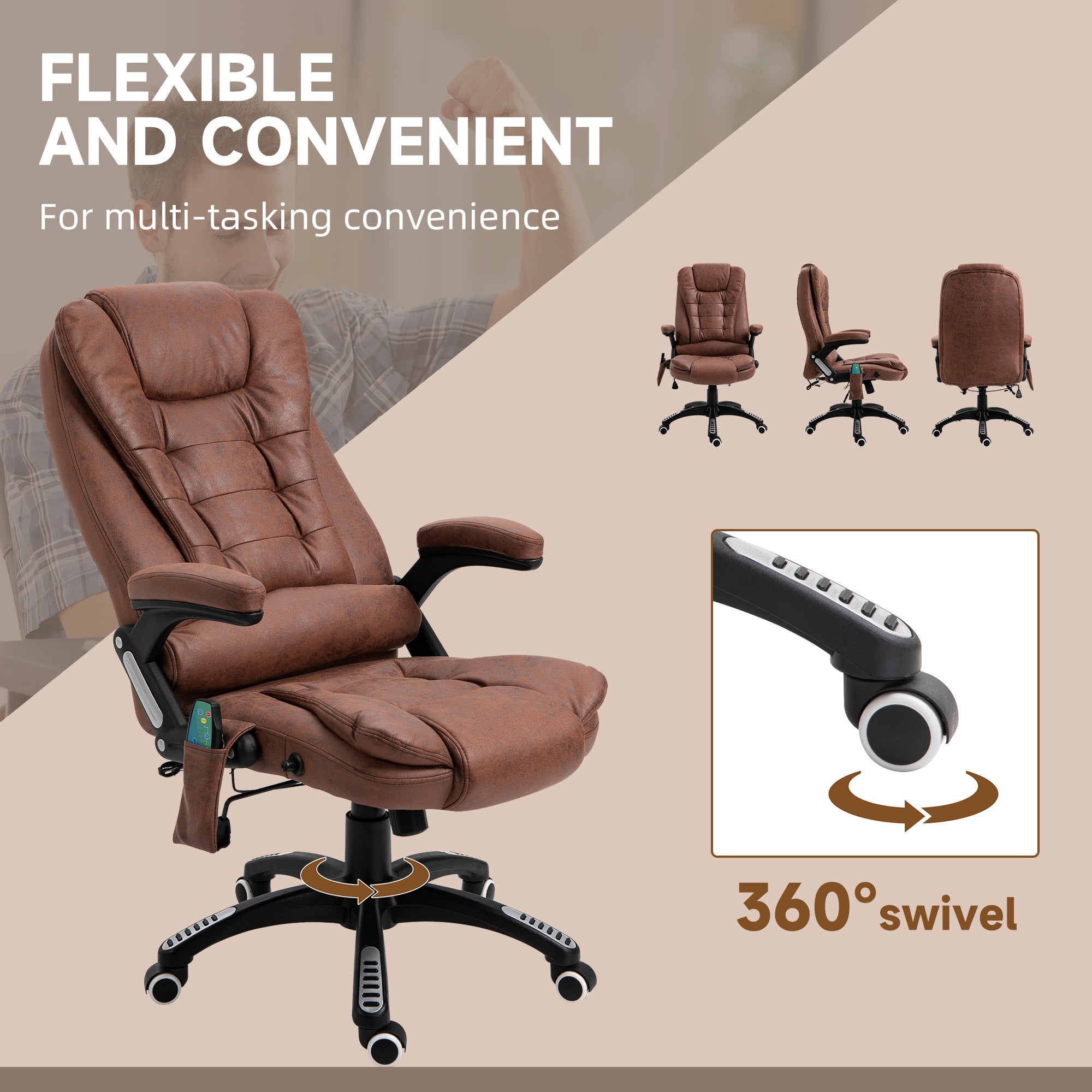 Vinsetto Massage Recliner Chair Heated Office Chair with Six Massage Points Microfiber Cloth 360° Swivel Wheels Brown