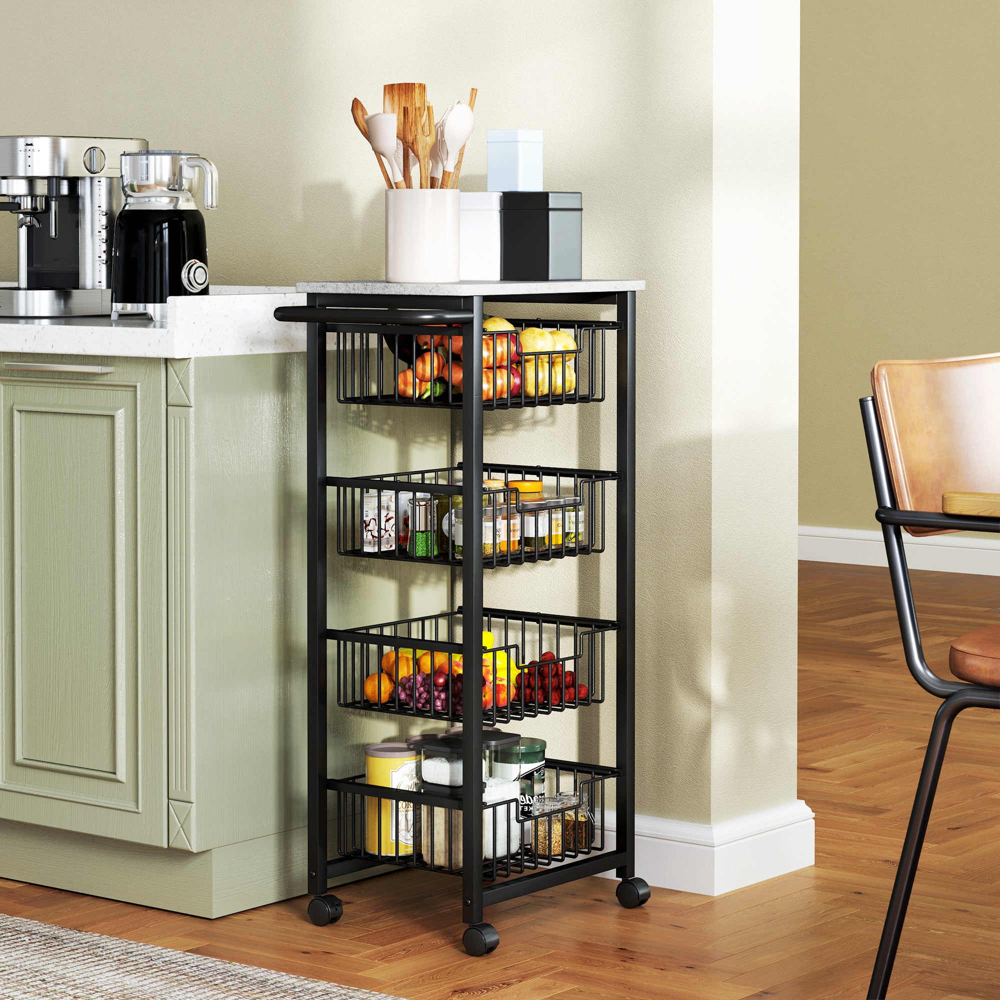 HOMCOM Four Basket Mobile Kitchen Island, with Brakes - Grey/Black - North Peak Garden Furniture