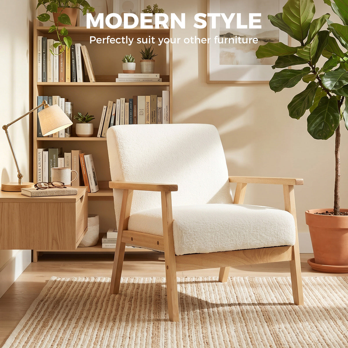 HOMCOM Modern Armchair, Sherpa Fleece Upholstered Accent Chair with Solid Wood Legs and Wide Seat, Cream White