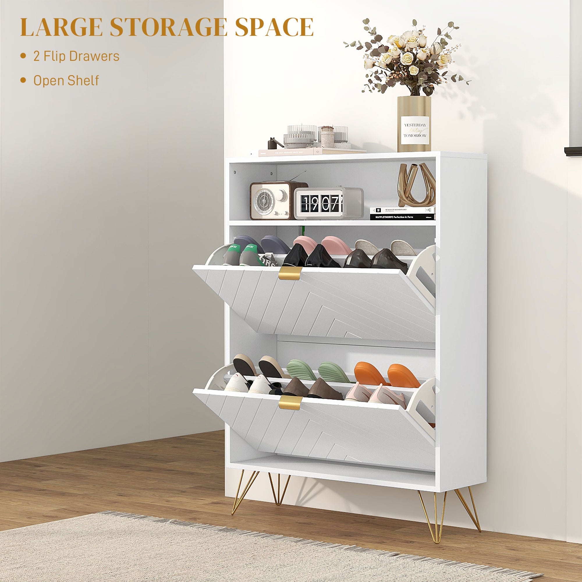 HOMCOM 12 Shoe Storage Cabinet, with Chevron Indents and Gold Tone Accents - White - North Peak Garden Furniture