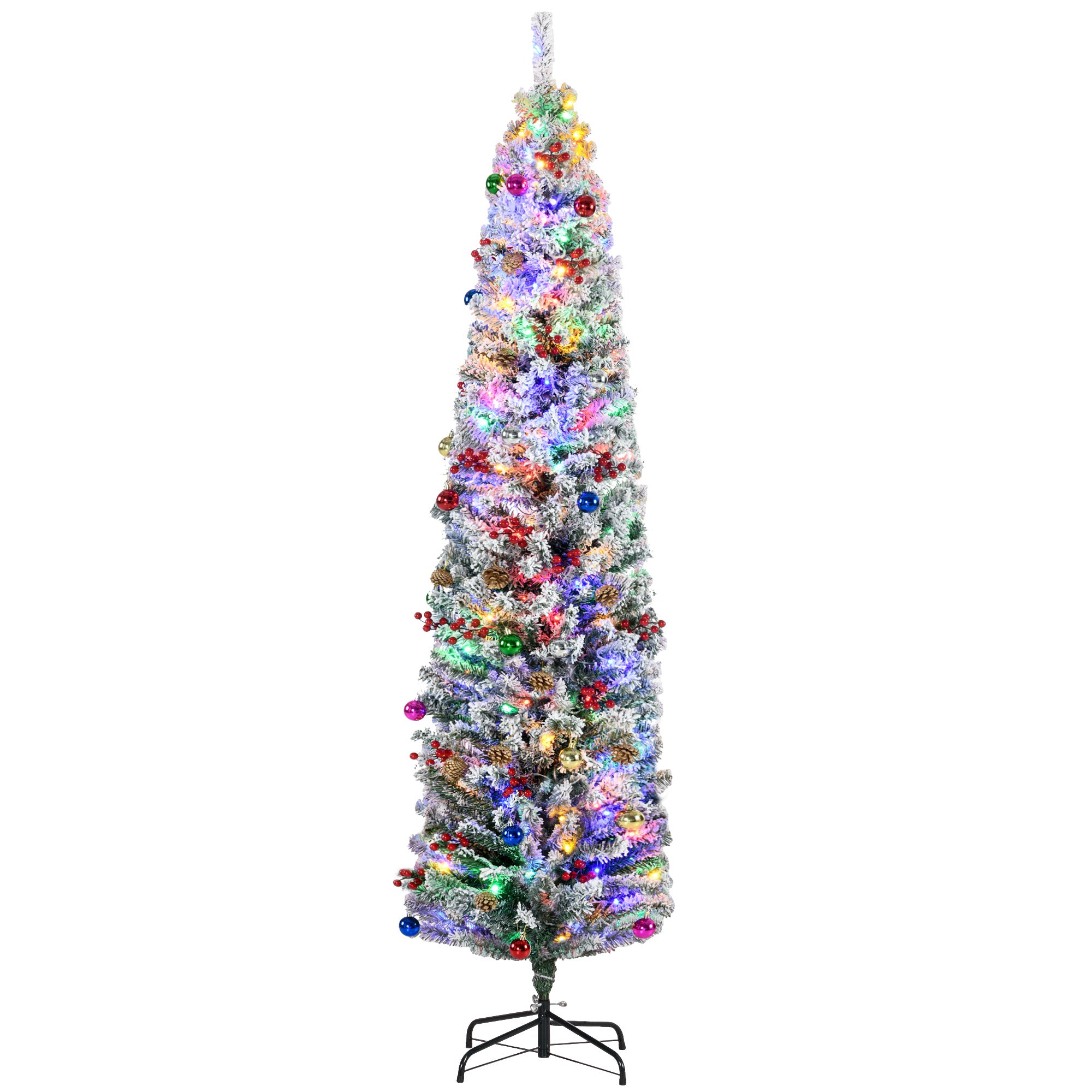 HOMCOM 7' Artificial Prelit Christmas Trees Holiday Décor with Colourful LED Lights, Flocked Tips, Berry, Pine Cone