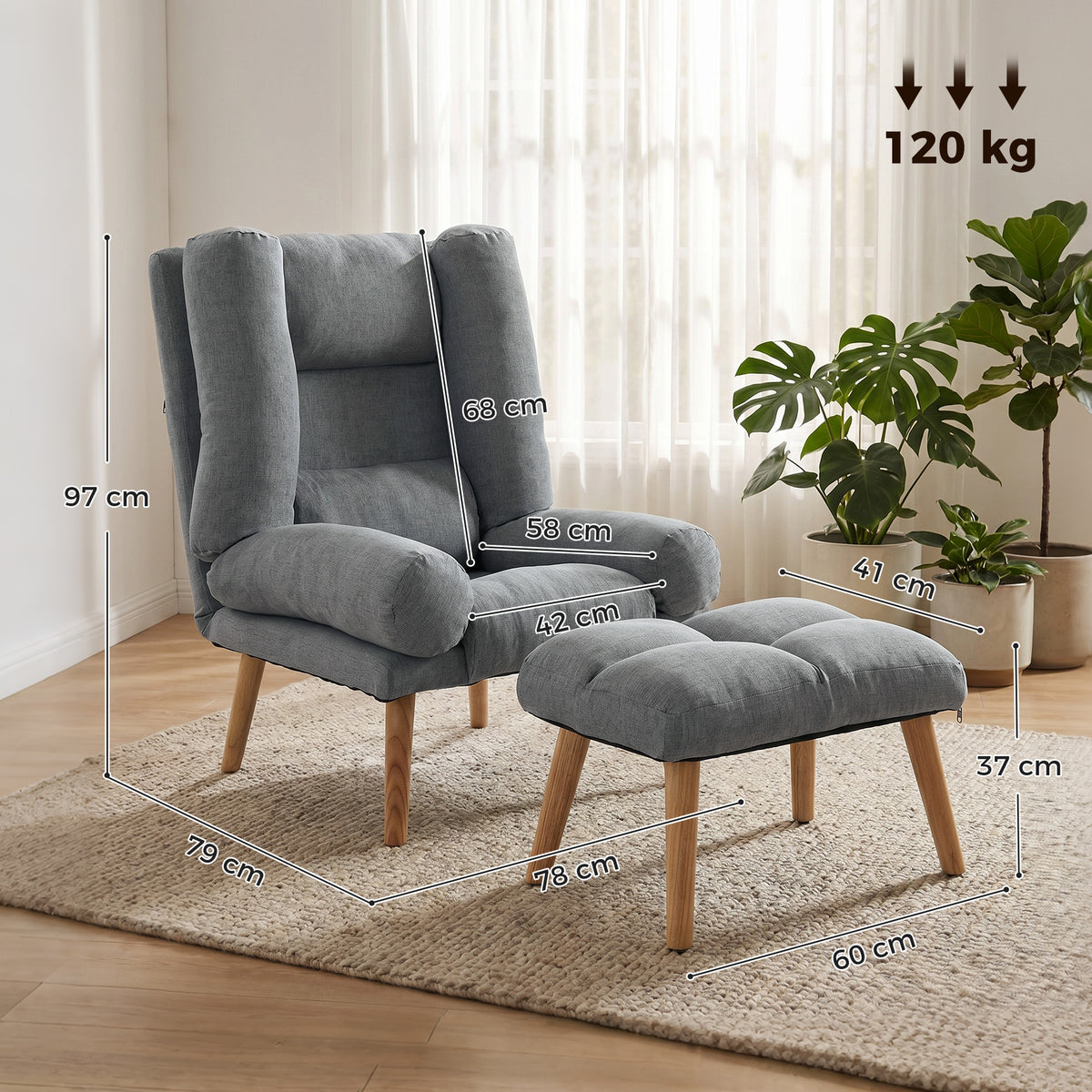 HOMCOM Recliner Chair with Footstool, Recliner Armchair with Adjustable Backrest, Thick Cushion and Wooden Legs, Grey