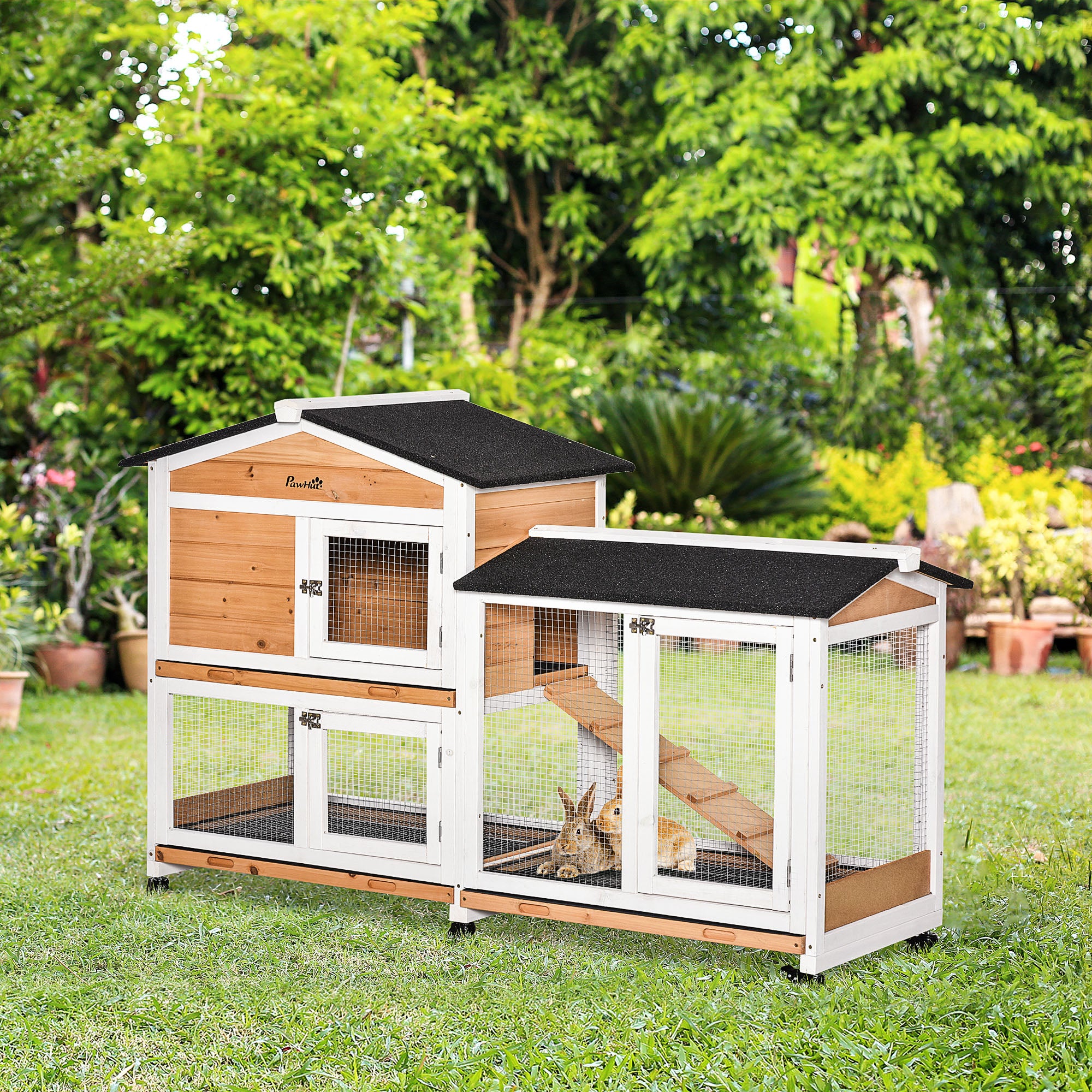 PawHut Rabbit Hutch Outdoor with Run Guinea Pig Hutch 2-Tier Bunny Cage w/ Wheels No-Leak Plastic Tray 157.4 x 53 x 99.5 cm - Yellow - North Peak Garden Furniture