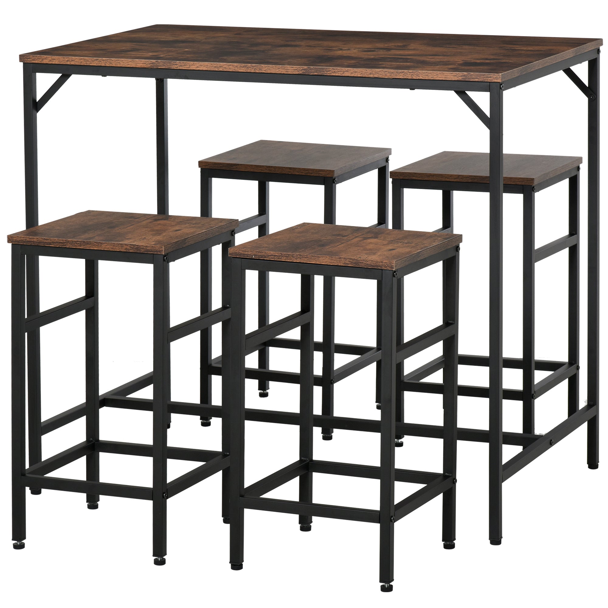 HOMCOM Industrial Rectangular Bar Table Set with 4 Stools for Dining Room, Kitchen, Dinette - North Peak Garden Furniture
