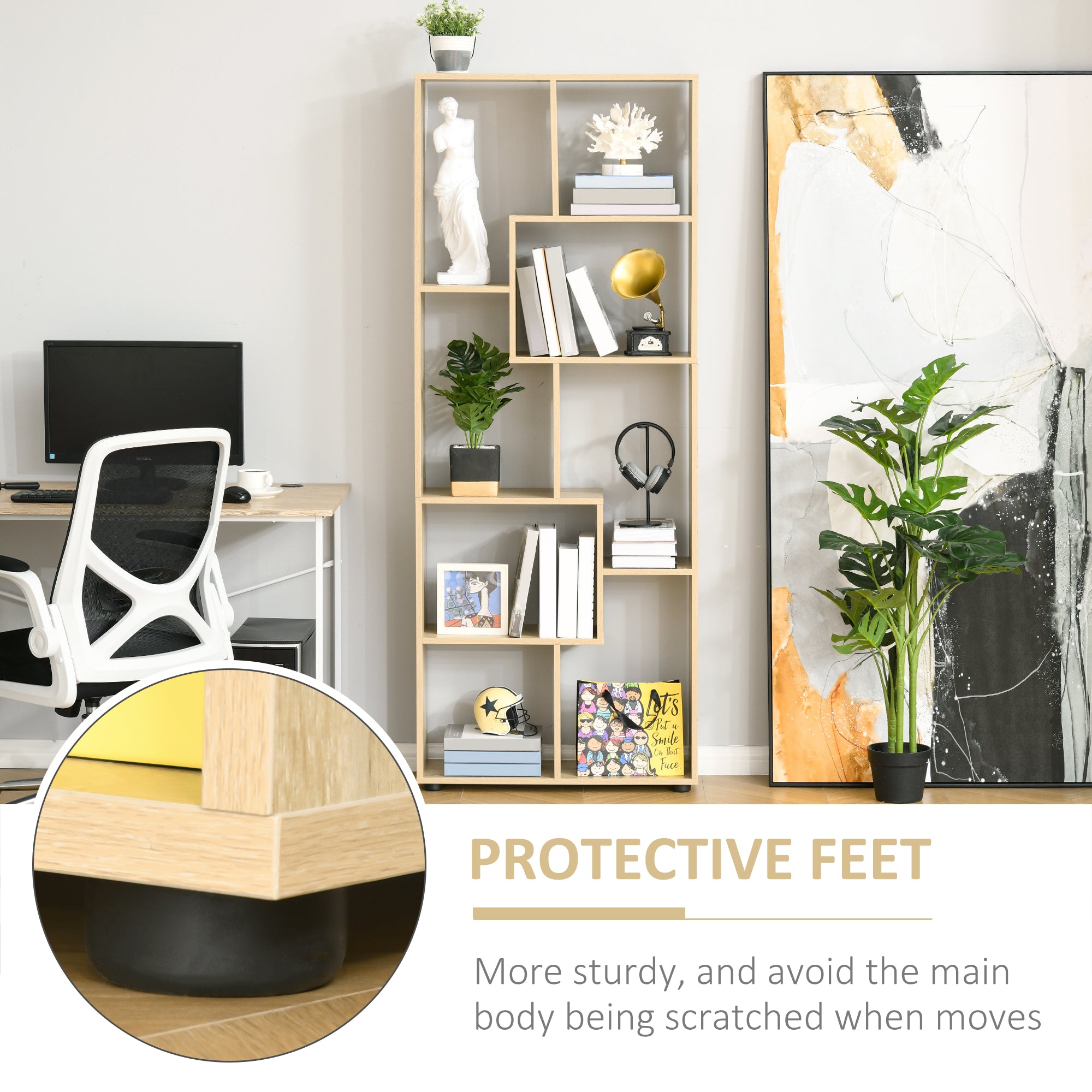 HOMCOM 8-Tier Freestanding Bookcase w/ Melamine Surface Anti-Tipping Foot Pads Home Display Storage Grid Stand Bedroom Living Room Furniture Modern Style - Natural - North Peak Garden Furniture