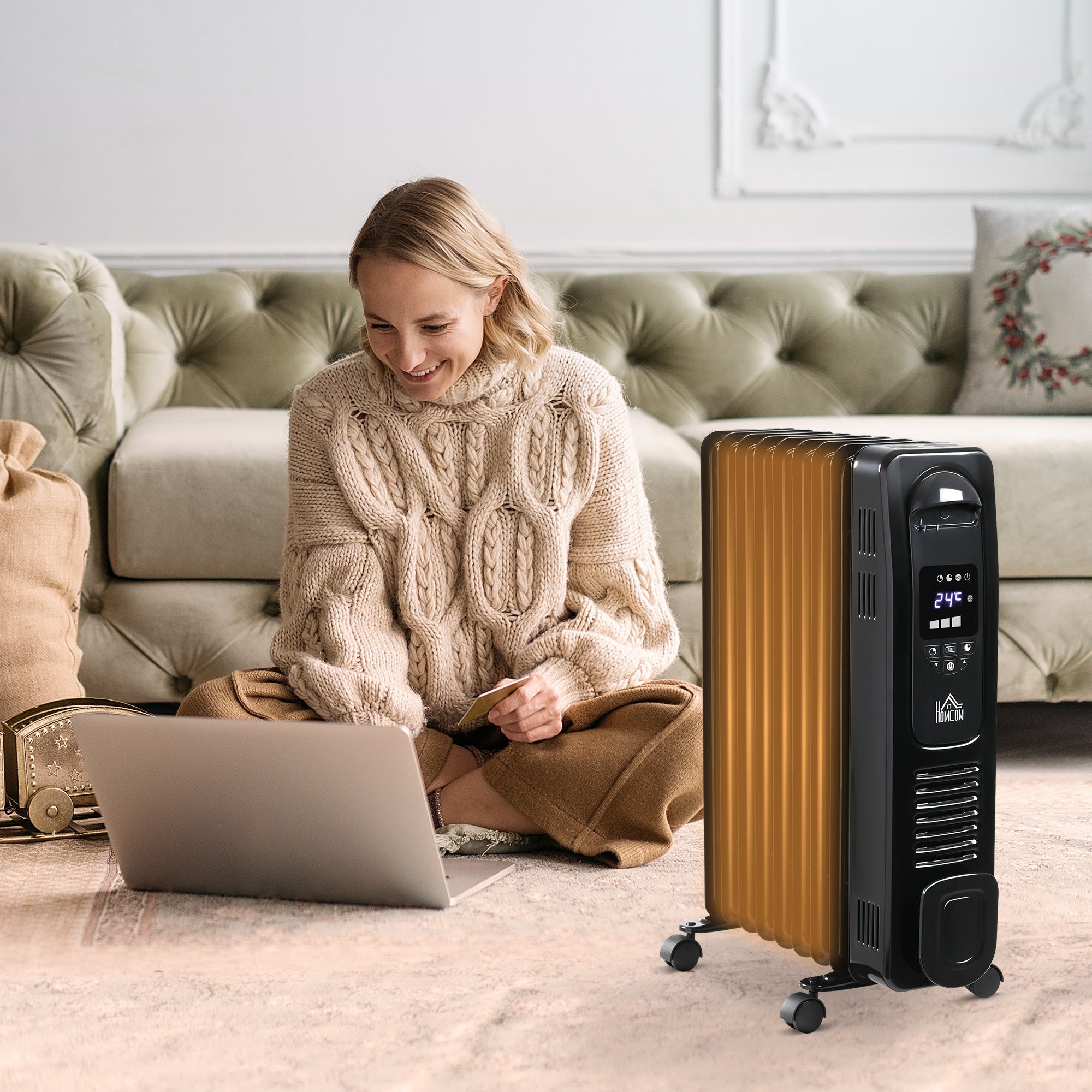 HOMCOM 2000W Digital Oil Filled Radiator, 9 Fin, Portable Electric Heater with LED Display, Timer, 3 Heat Settings, Safety Cut-Off and Remote Control, Black - North Peak Garden Furniture