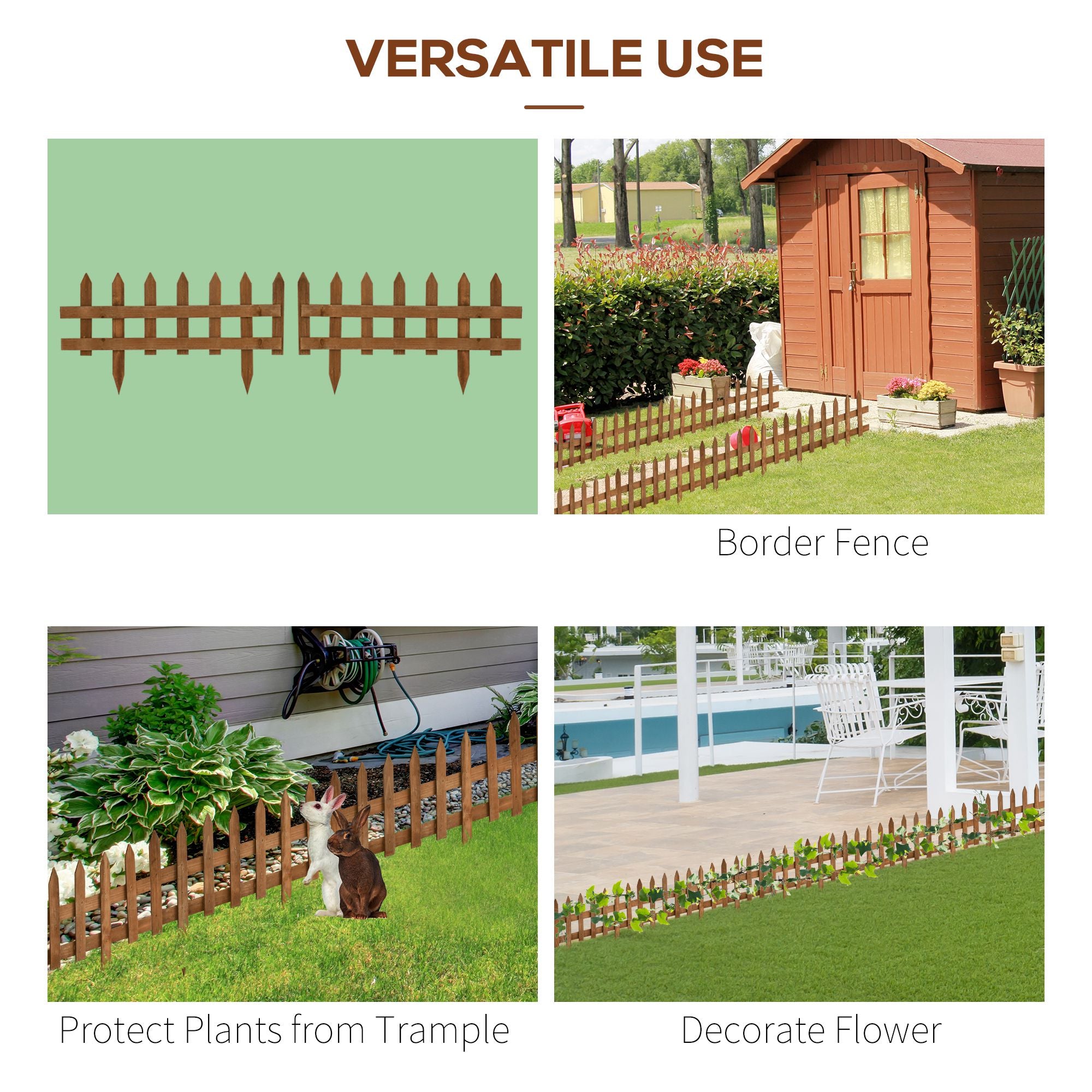Outsunny Pack of 12 Wooden Border Fences, Garden Fixed Picket Fence for Lawn Edging, Flowerbed, 60L x 1D x 34H cm, Brown - North Peak Garden Furniture