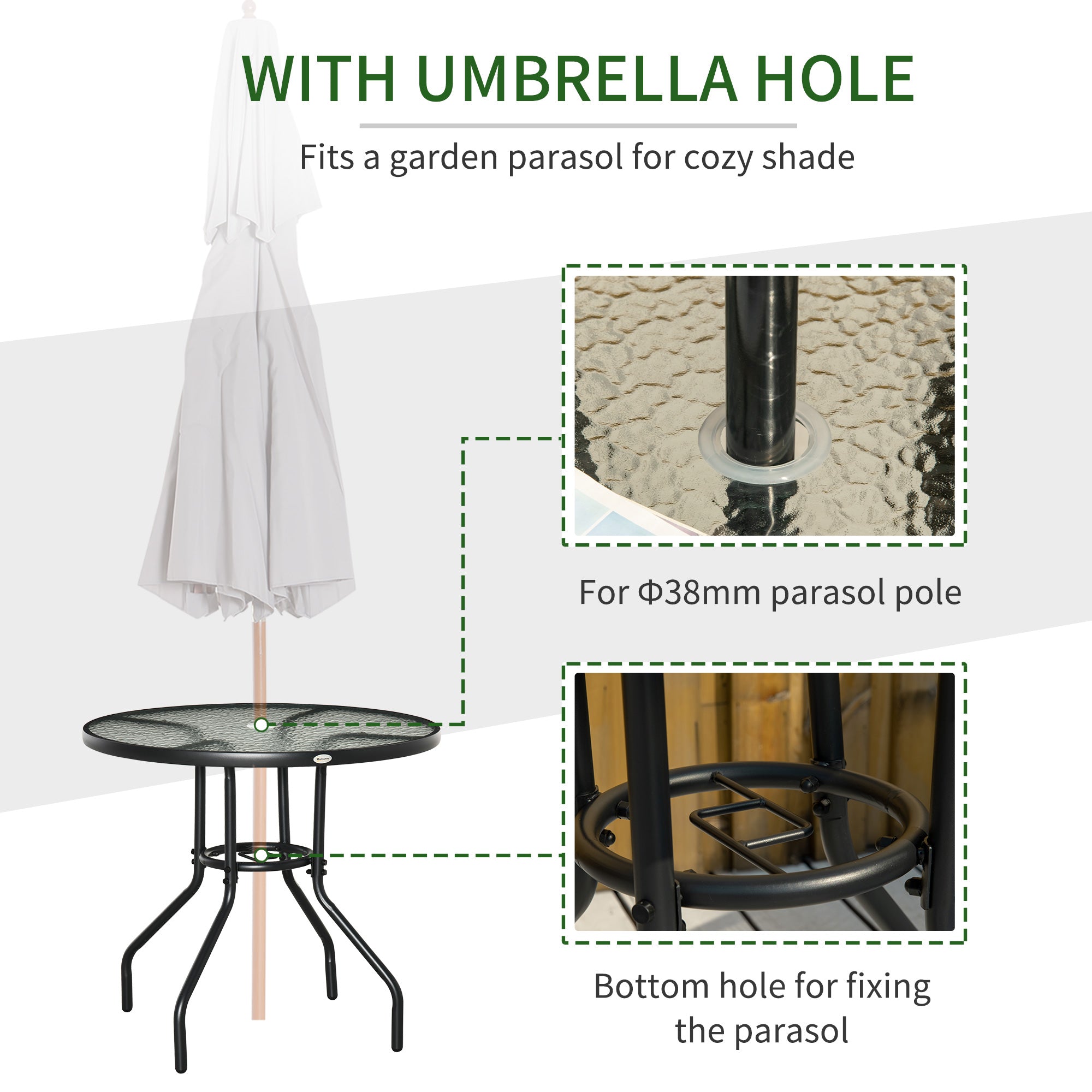 Outsunny Outdoor φ80cm Round Dining Table Tempered Glass Top Steel Frame Bistro Coffee End Side Table Garden w/ Parasol Hole - North Peak Garden Furniture