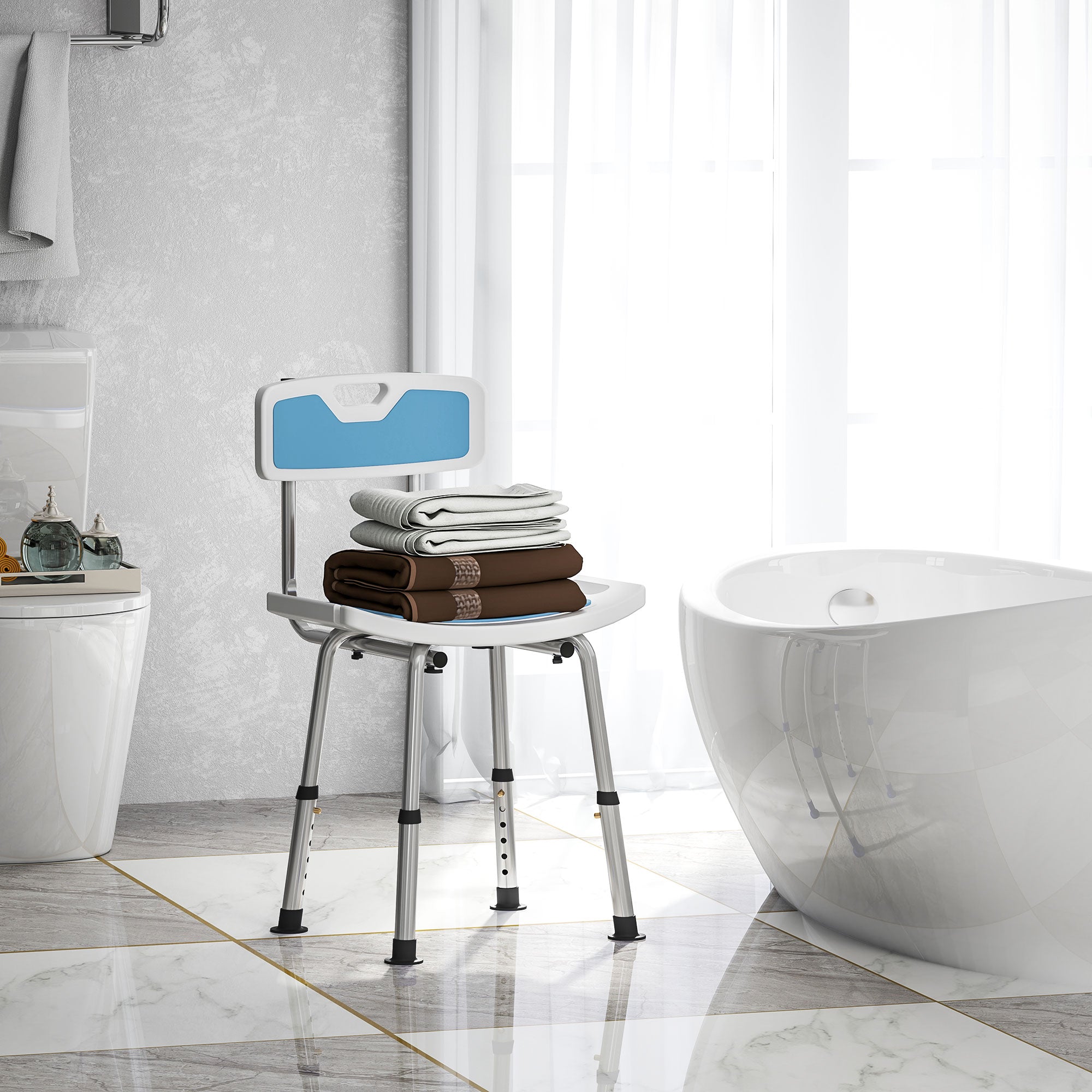 HOMCOM Shower Stool with Backrest, Height Adjustable Shower Chair with Anti-slip Foot Pads, Shower Head Holder, Light Blue - North Peak Garden Furniture