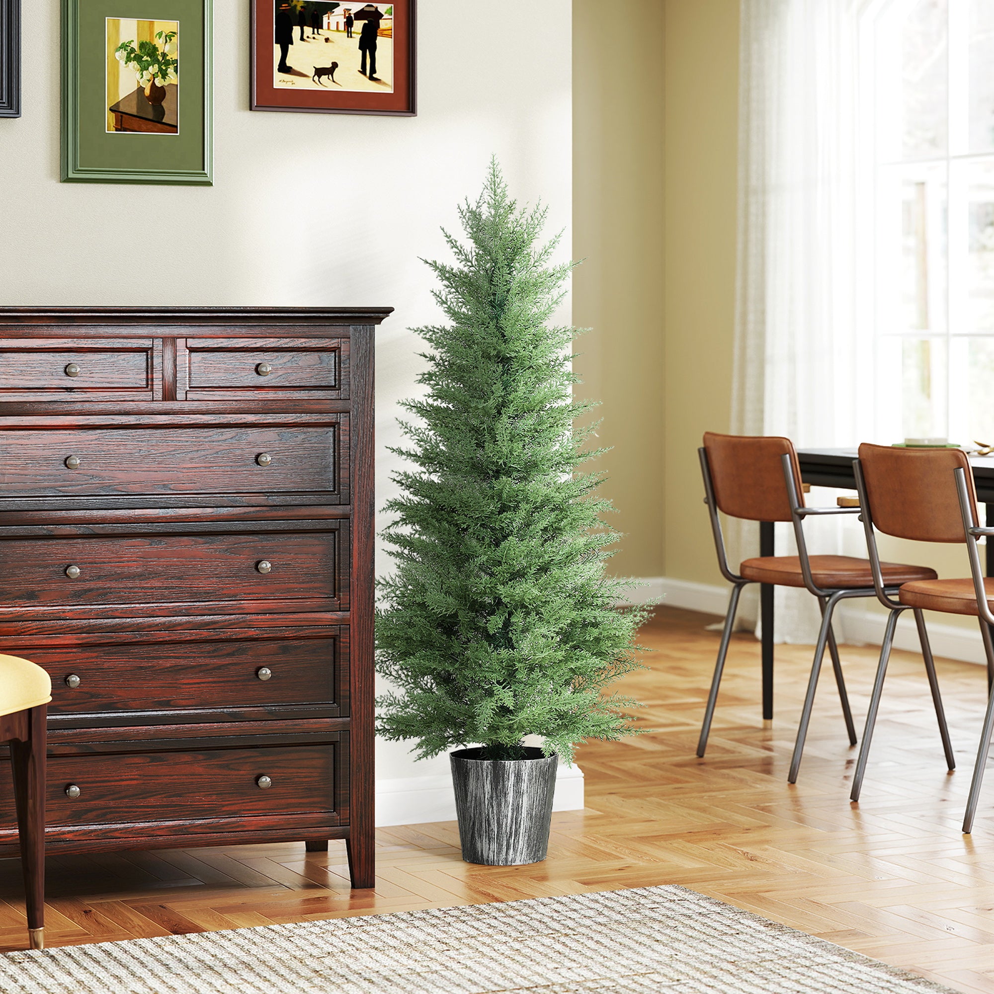 HOMCOM 135cm Artificial Cypress Trees Set of 2, UV Resistant Artificial Plants with Decorative Pot, Fake Plants for Indoor Outdoor Decor, Green