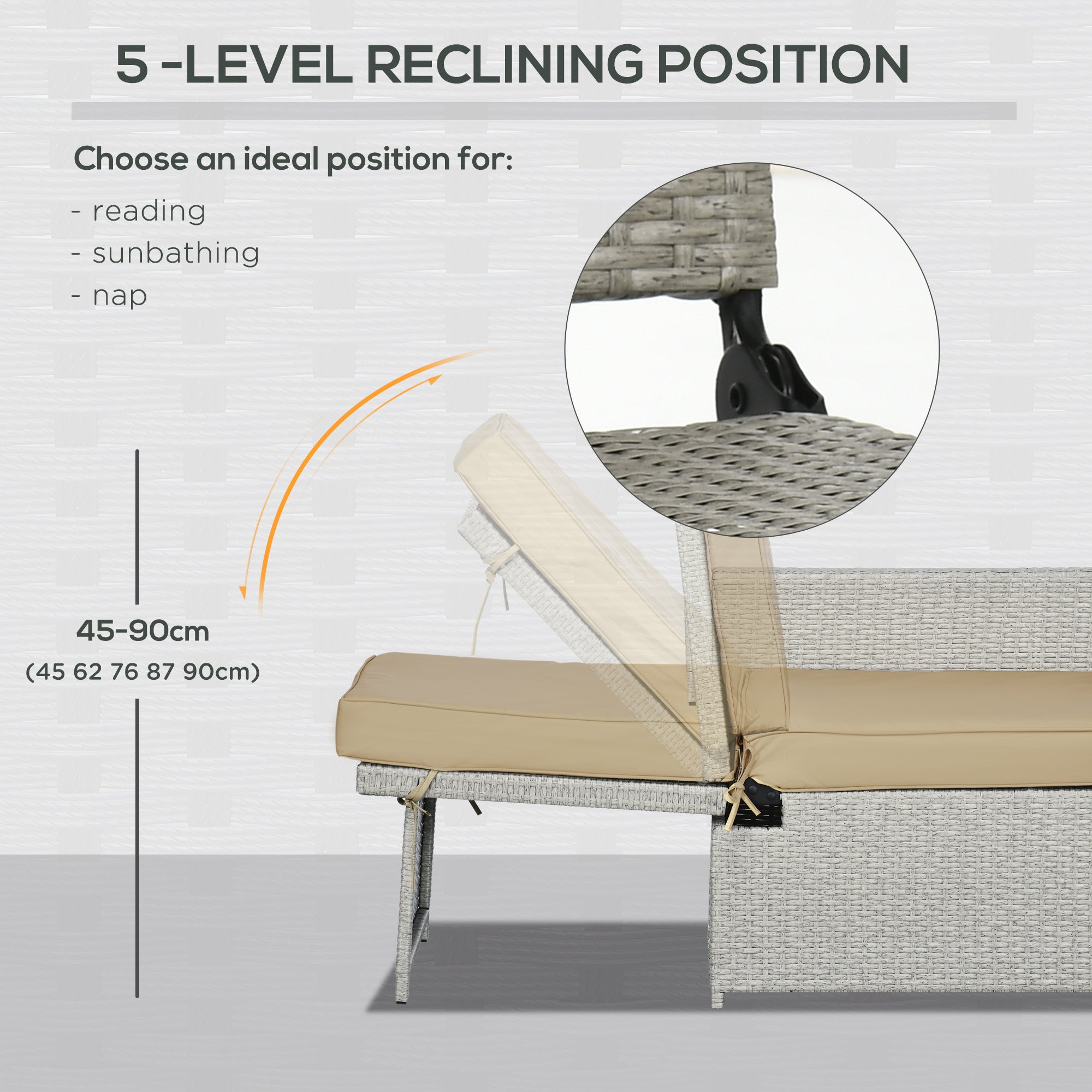Outsunny 5PC PE Rattan Sun Lounger, Outdoor Wicker 5-level Adjustable Recliner Sofa Bed with Storage Side Table and Footstools, for Patio, Garden, Poolside, Beige - North Peak Garden Furniture